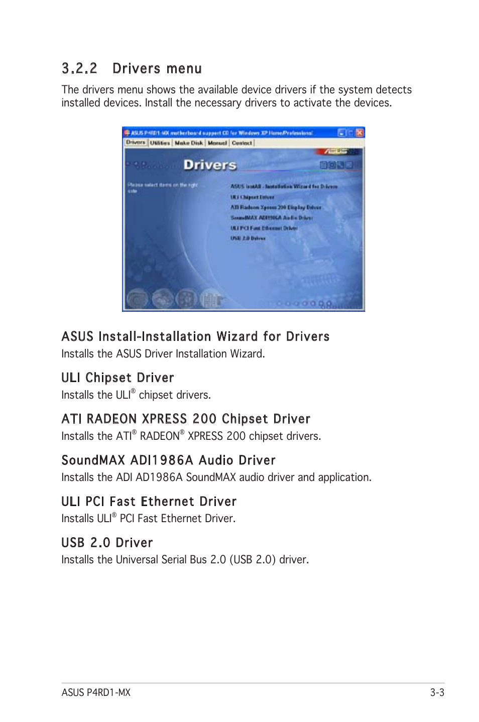 2 drivers menu, Asus install-installation wizard for drivers, Uli chipset driver | Ati radeon xpress 200 chipset driver, Soundmax adi1986a audio driver, Uli pci fast ethernet driver, Usb 2.0 driver | Asus P4RD1-MX User Manual | Page 79 / 82