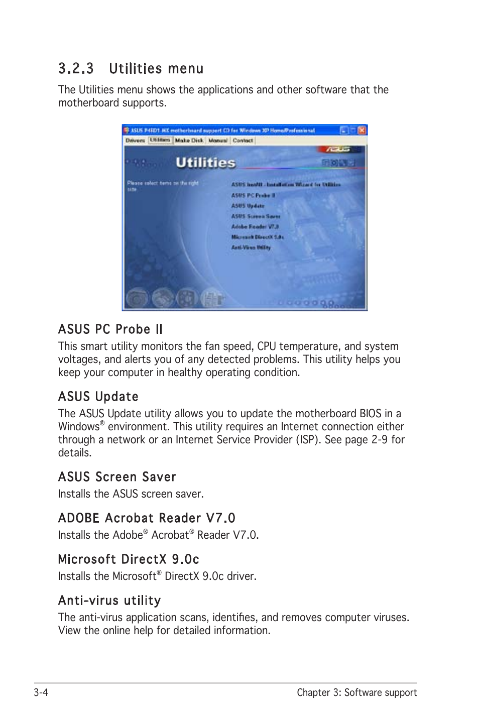 3 utilities menu, Asus pc probe ii, Asus update | Asus screen saver, Adobe acrobat reader v7.0, Microsoft directx 9.0c, Anti-virus utility | Asus P4RD1-MX User Manual | Page 80 / 82