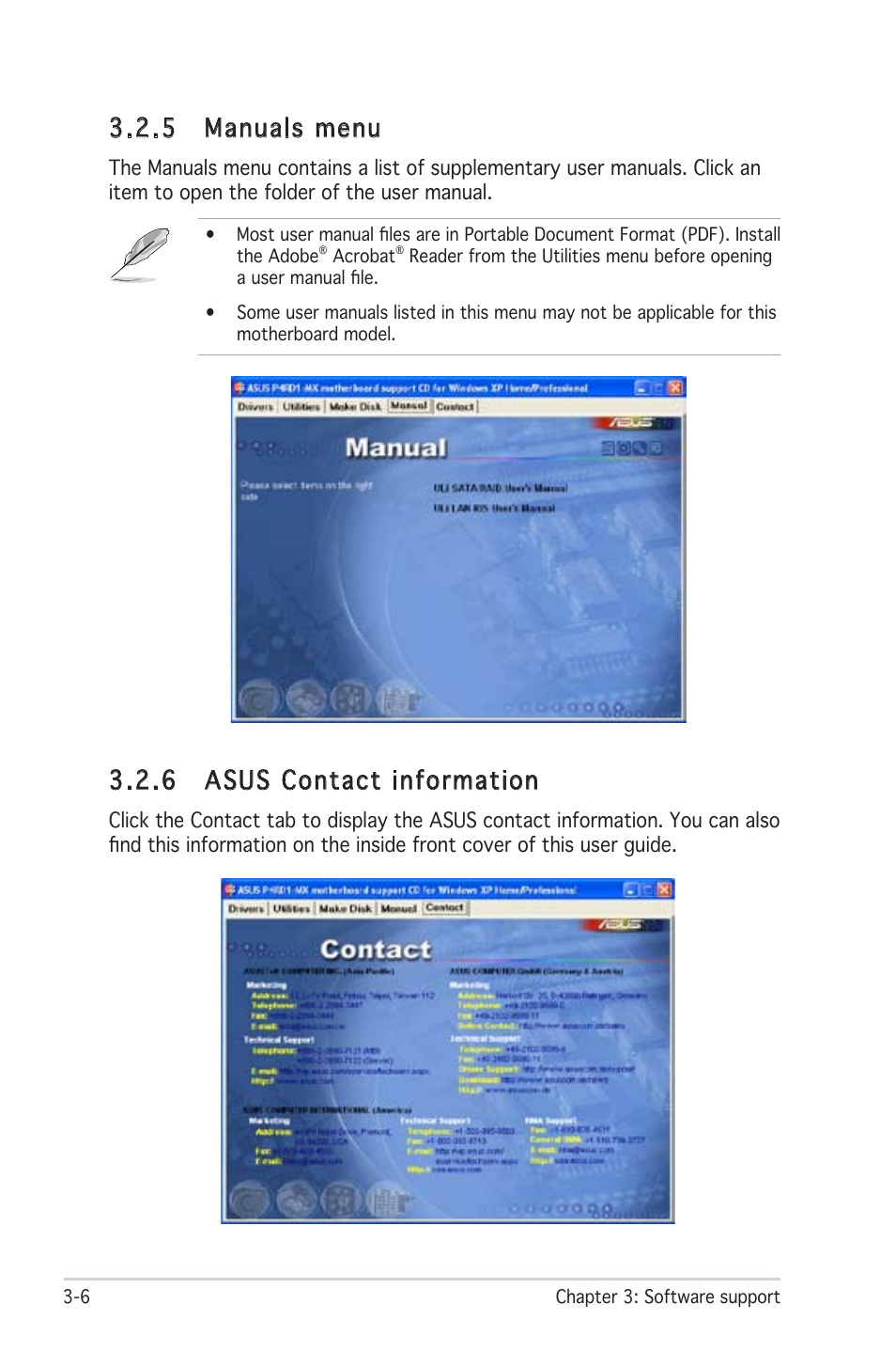 6 asus contact information, 5 manuals menu | Asus P4RD1-MX User Manual | Page 82 / 82