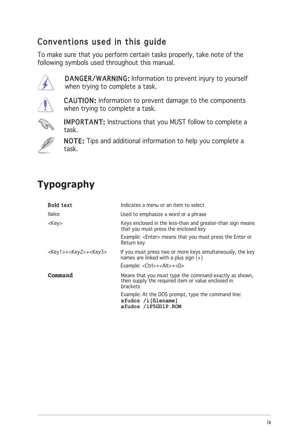 Typography, Conventions used in this guide | Asus P4RD1-MX User Manual | Page 9 / 82