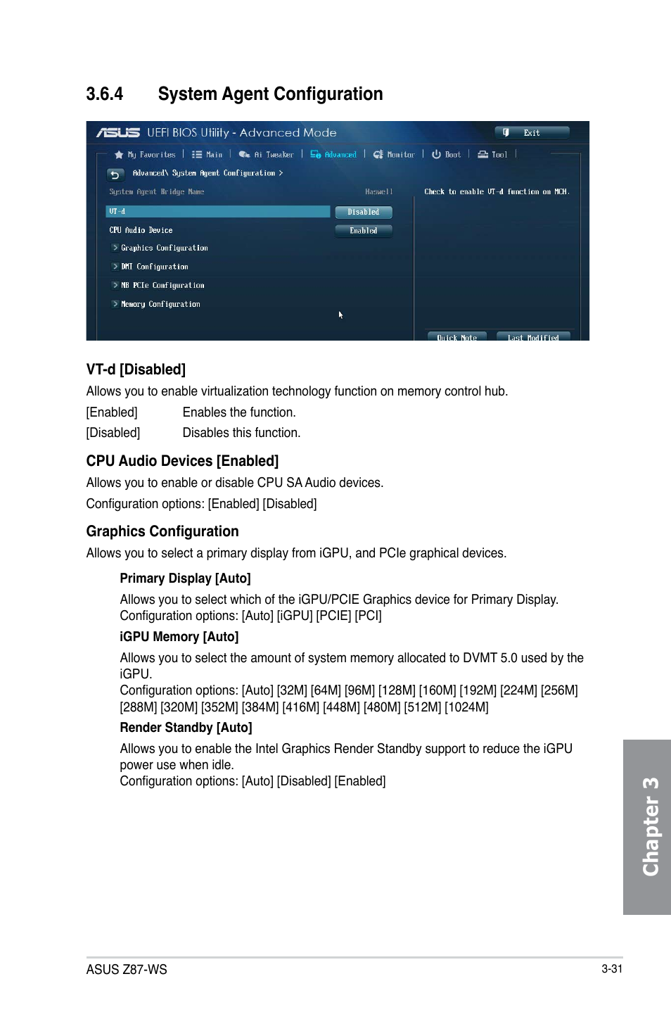 4 system agent configuration, System agent configuration -31, Chapter 3 | Asus Z87-WS User Manual | Page 105 / 186