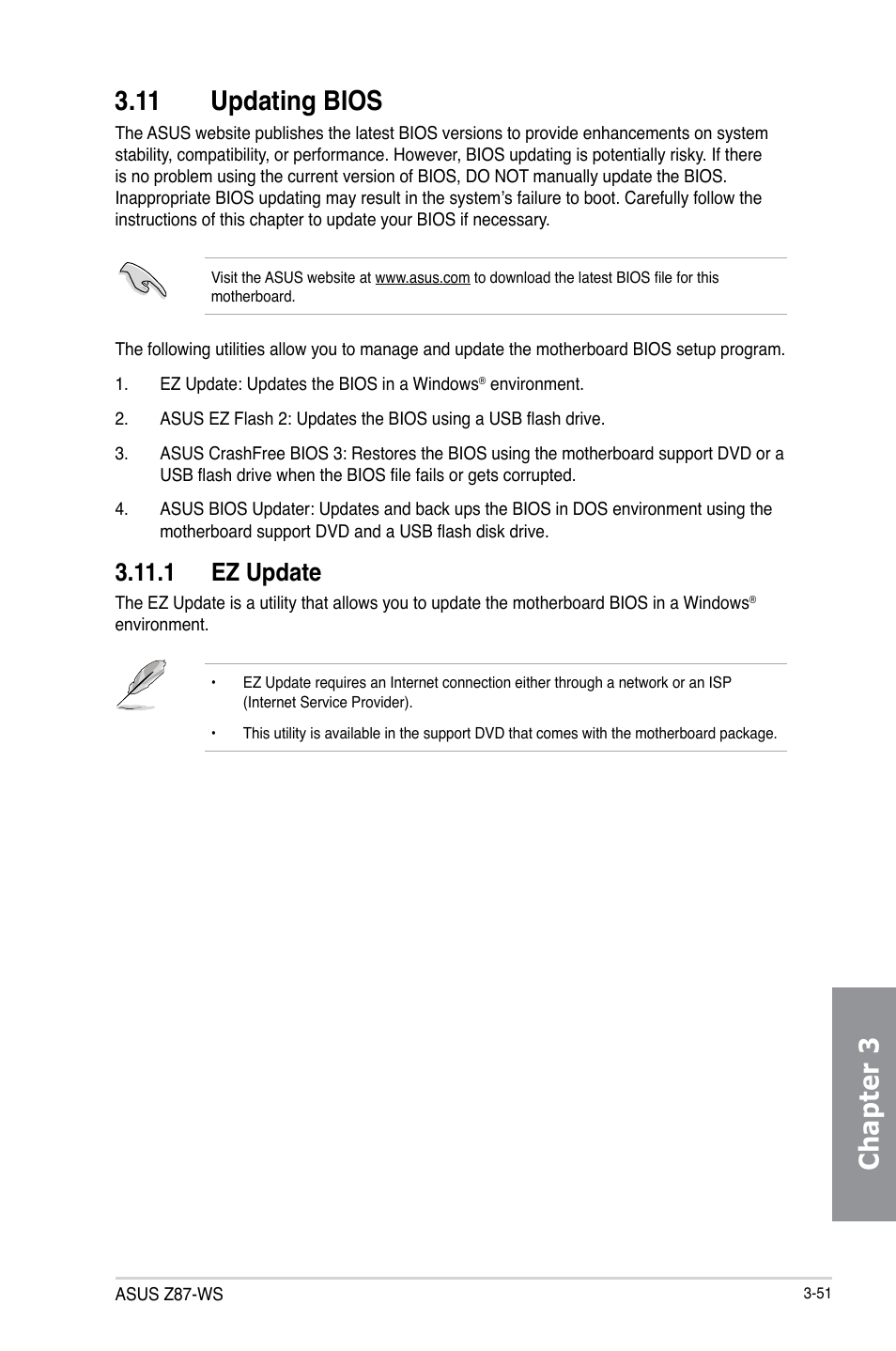 11 updating bios, 1 ez update, Updating bios -51 3.11.1 | Ez update -51, Chapter 3 3.11 updating bios | Asus Z87-WS User Manual | Page 125 / 186