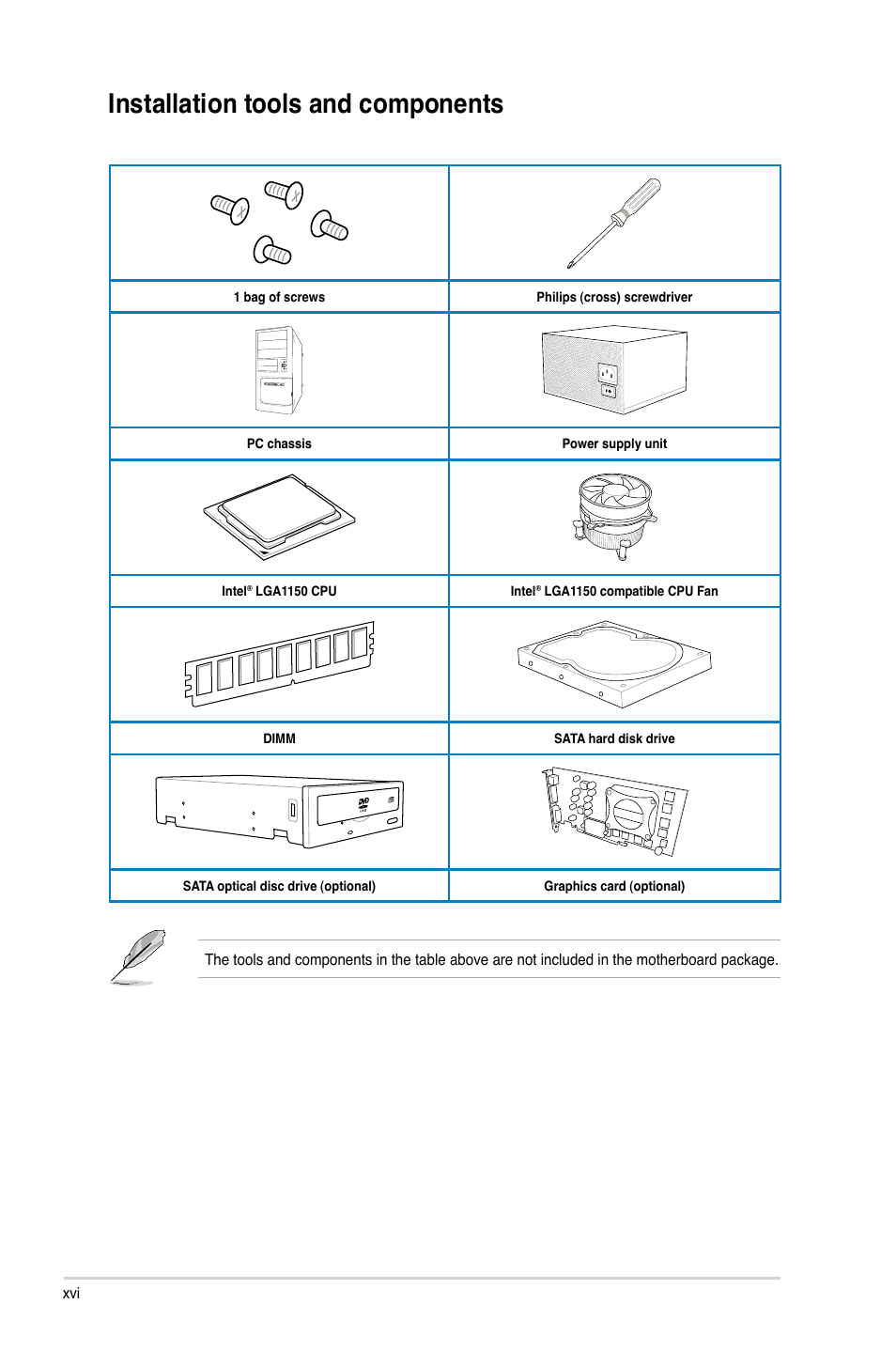 Installation tools and components | Asus Z87-WS User Manual | Page 16 / 186