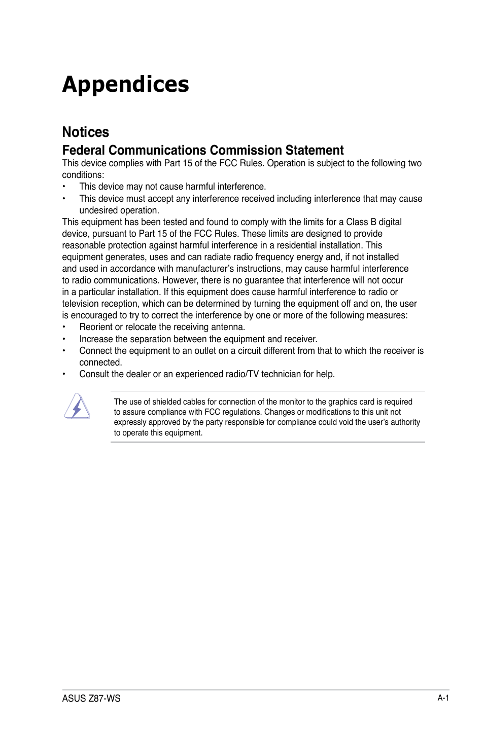 Appendices, Notices, Federal communications commission statement | Asus Z87-WS User Manual | Page 181 / 186
