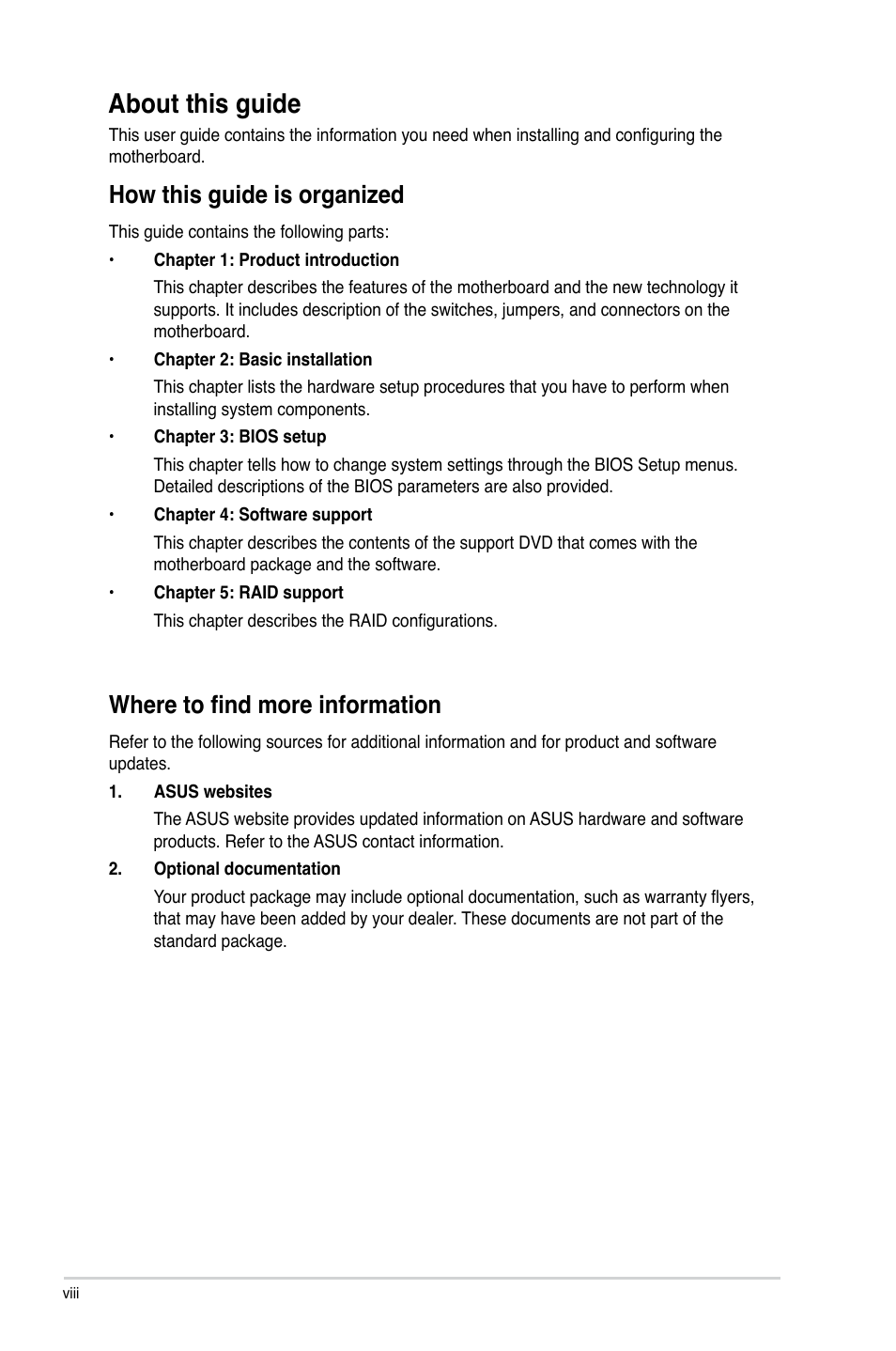 About this guide, How this guide is organized, Where to find more information | Asus Z87-WS User Manual | Page 8 / 186