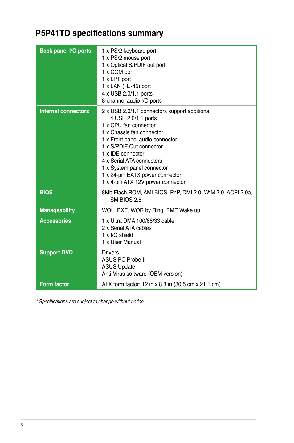 P5p41td specifications summary | Asus P5P41TD User Manual | Page 10 / 58