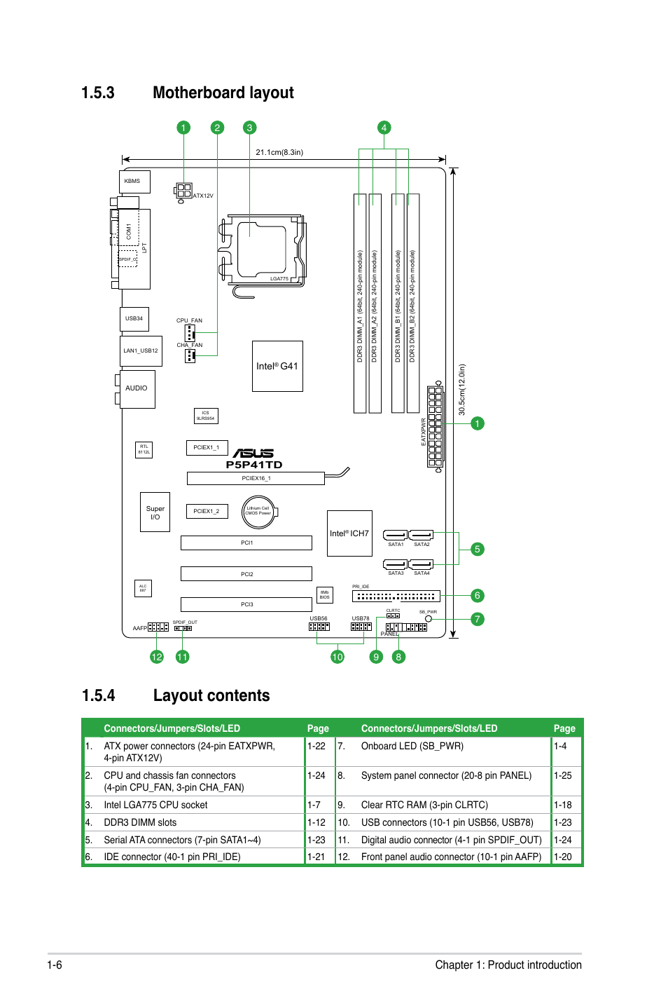 3 motherboard layout, 4 layout contents, Motherboard layout -6 | Layout contents -6, 6 chapter 1: product introduction | Asus P5P41TD User Manual | Page 16 / 58