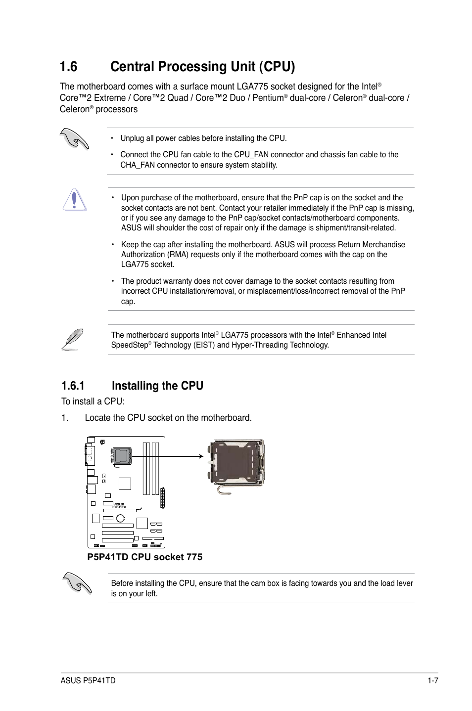 6 central processing unit (cpu), 1 installing the cpu, Central processing unit (cpu) -7 1.6.1 | Installing the cpu -7 | Asus P5P41TD User Manual | Page 17 / 58