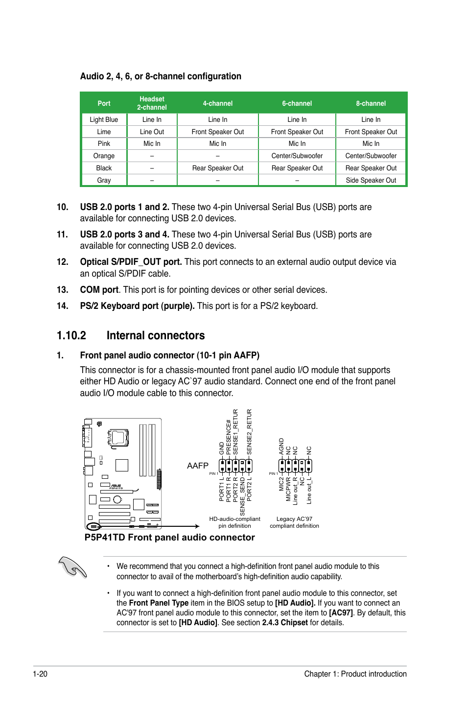 2 internal connectors, 2 internal connectors -20, Audio 2, 4, 6, or 8-channel configuration | P5p41td front panel audio connector | Asus P5P41TD User Manual | Page 30 / 58