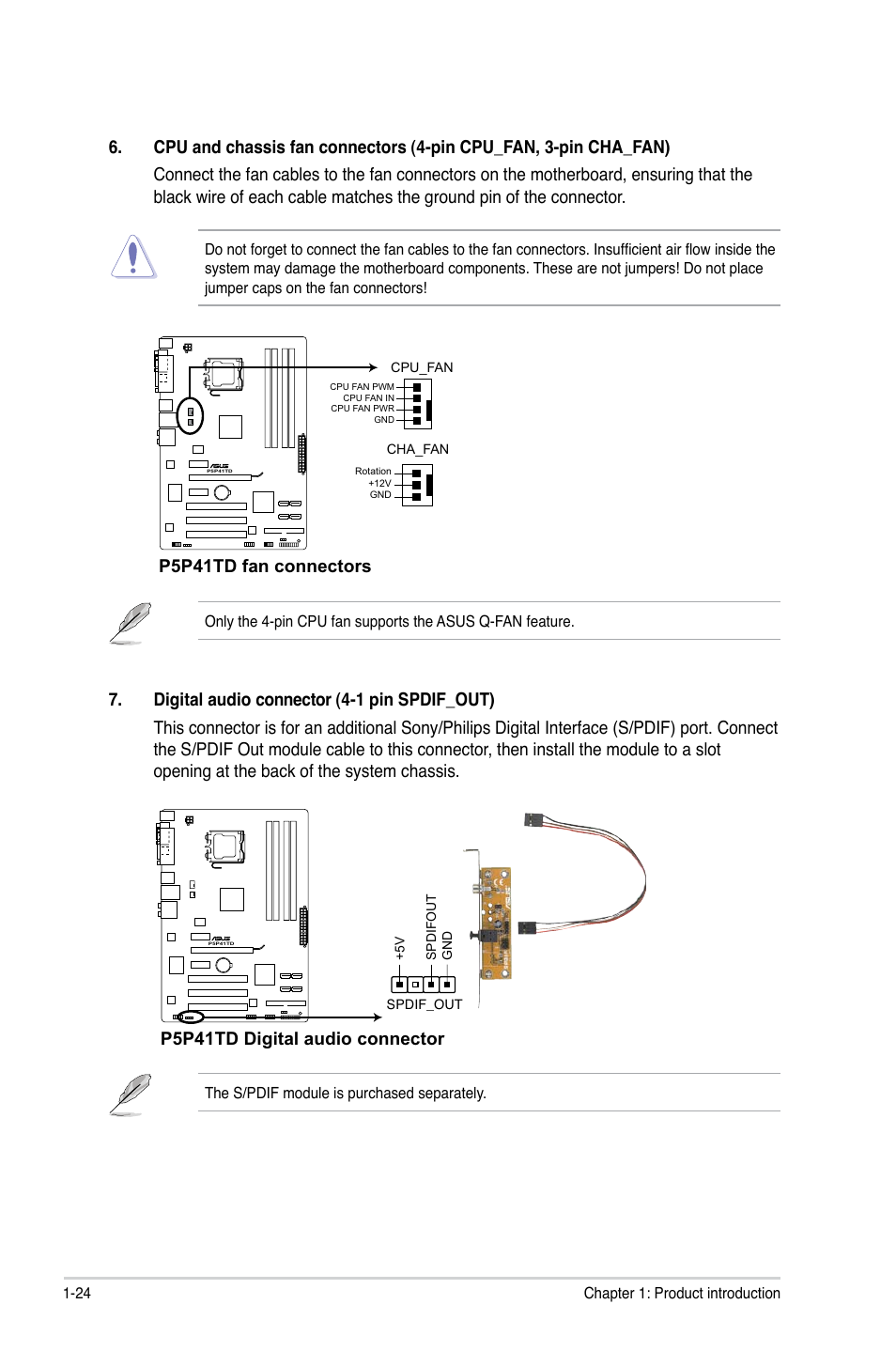 P5p41td fan connectors, P5p41td digital audio connector | Asus P5P41TD User Manual | Page 34 / 58