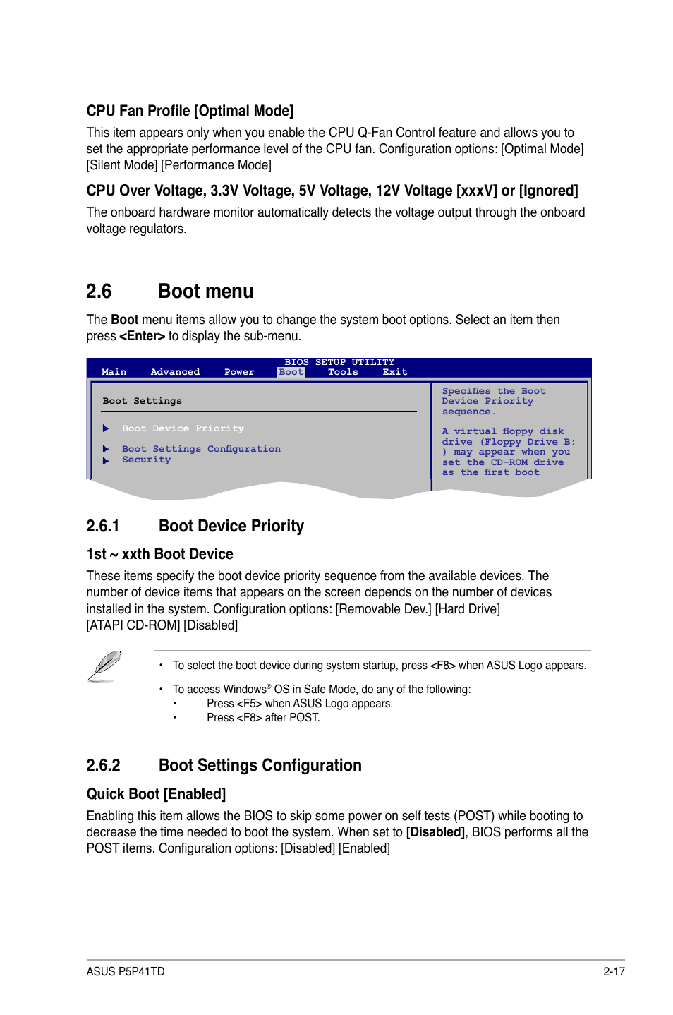 6 boot menu, 1 boot device priority, 2 boot settings configuration | Boot menu -17 2.6.1, Boot device priority -17, Boot settings configuration -17, 1st ~ xxth boot device, Quick boot [enabled, Cpu fan profile [optimal mode | Asus P5P41TD User Manual | Page 53 / 58