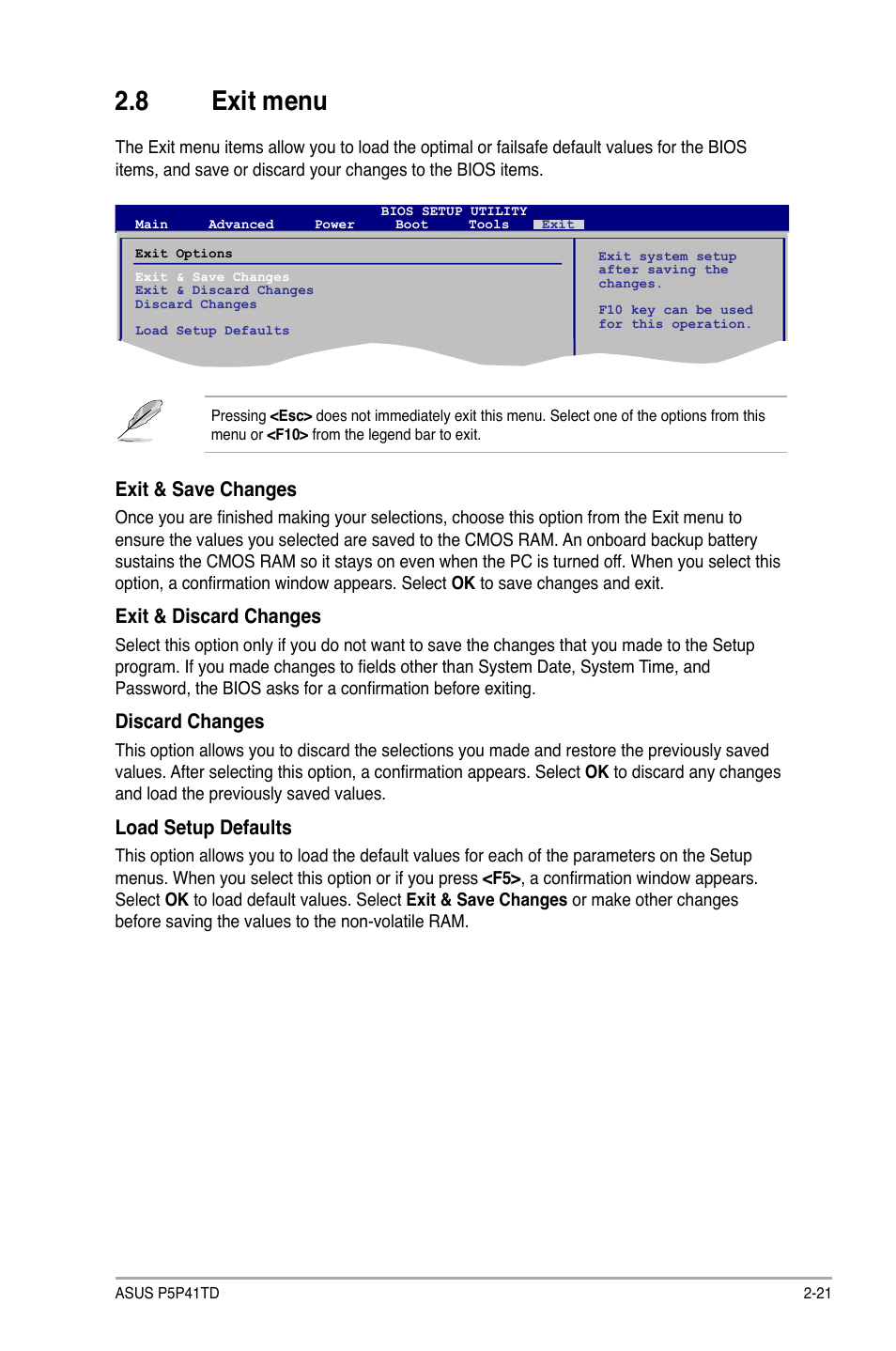 8 exit menu, Exit menu -21, Exit & save changes | Exit & discard changes, Discard changes, Load setup defaults | Asus P5P41TD User Manual | Page 57 / 58