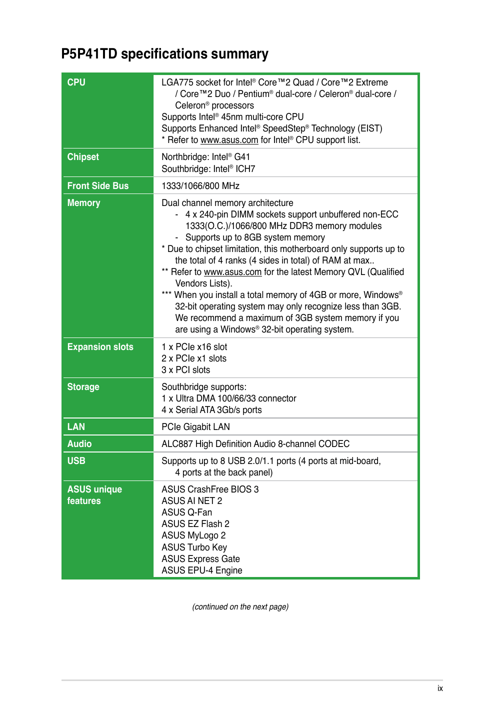 P5p41td specifications summary | Asus P5P41TD User Manual | Page 9 / 58