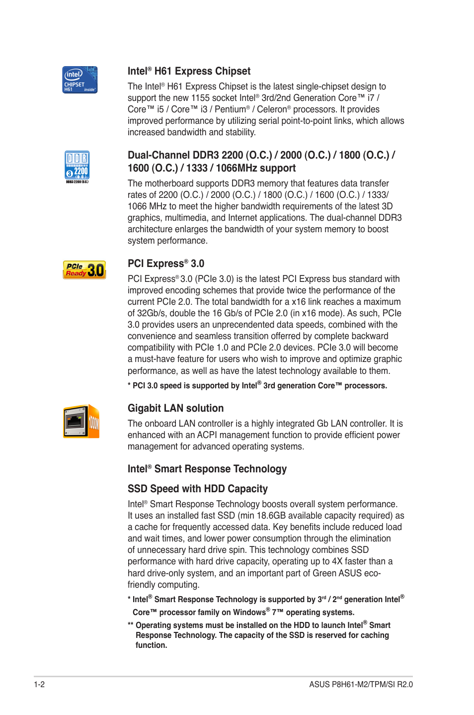 Intel, H61 express chipset, Pci express | Gigabit lan solution | Asus P8H61-M2/TPM/SI R2.0 User Manual | Page 12 / 70