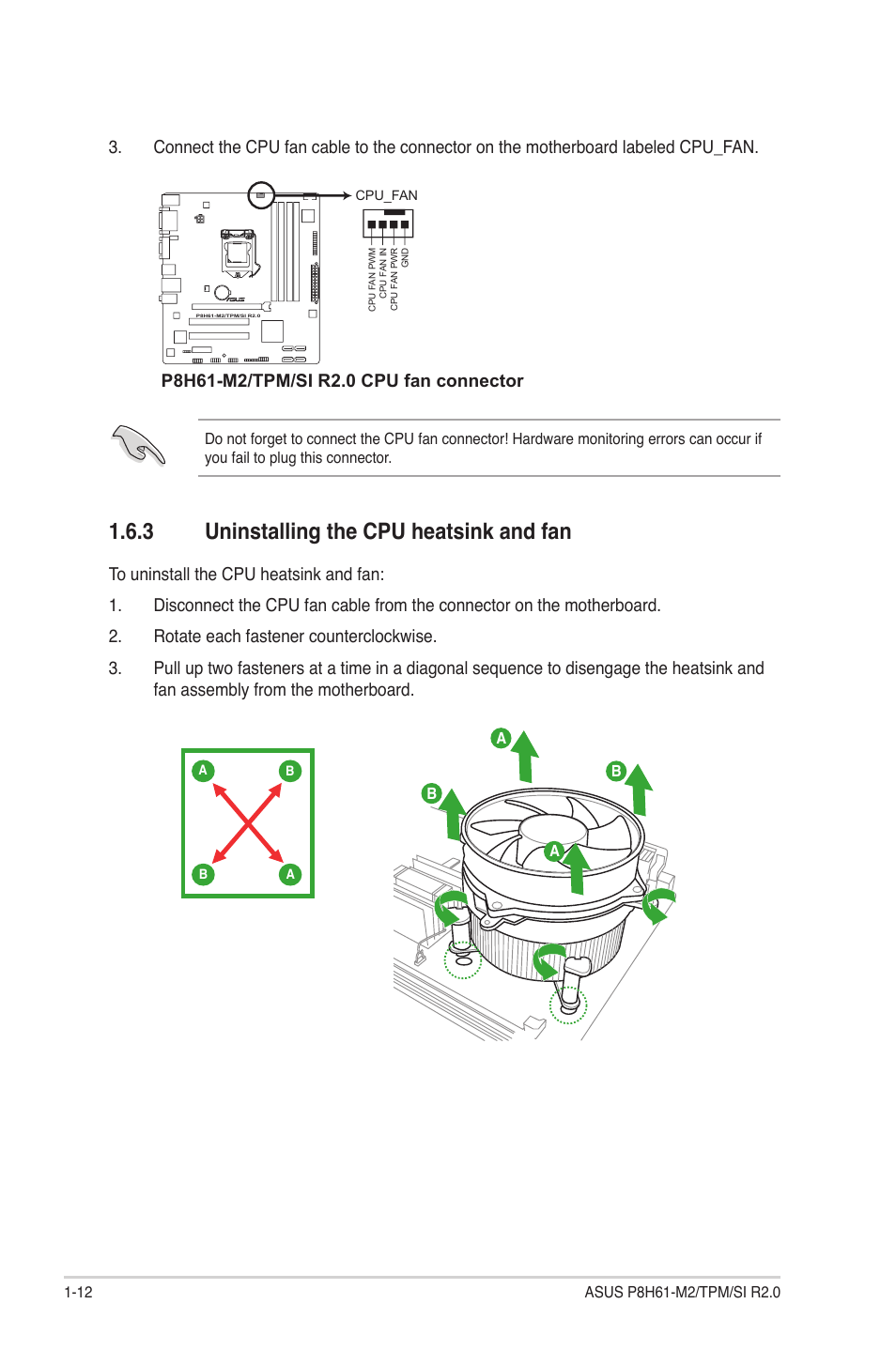 3 uninstalling the cpu heatsink and fan, Uninstalling the cpu heatsink and fan -12 | Asus P8H61-M2/TPM/SI R2.0 User Manual | Page 22 / 70