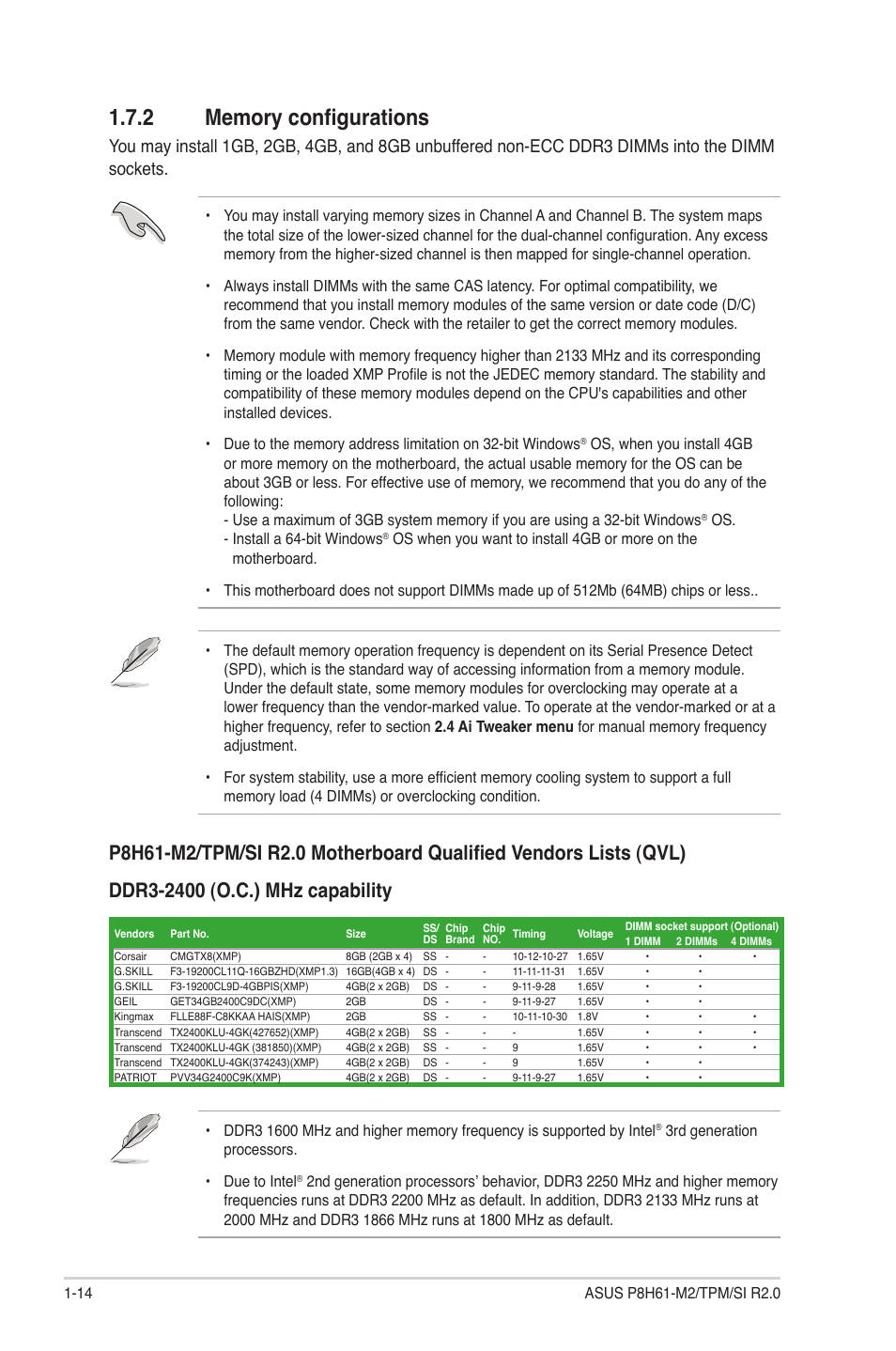 2 memory configurations, Memory configurations -14 | Asus P8H61-M2/TPM/SI R2.0 User Manual | Page 24 / 70