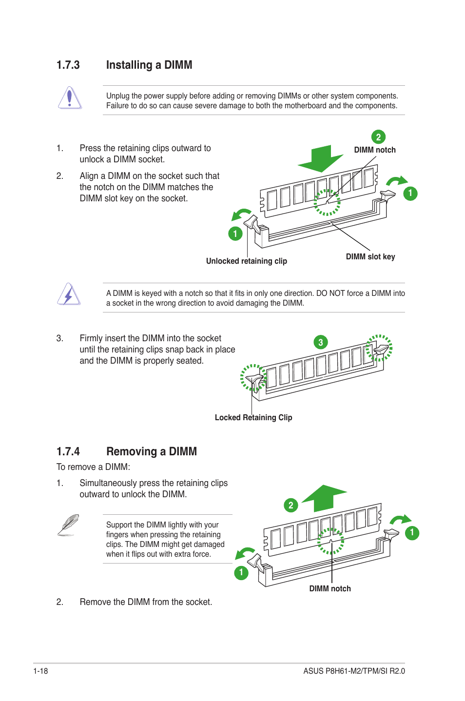 3 installing a dimm, 4 removing a dimm, Installing a dimm -18 | Removing a dimm -18 | Asus P8H61-M2/TPM/SI R2.0 User Manual | Page 28 / 70