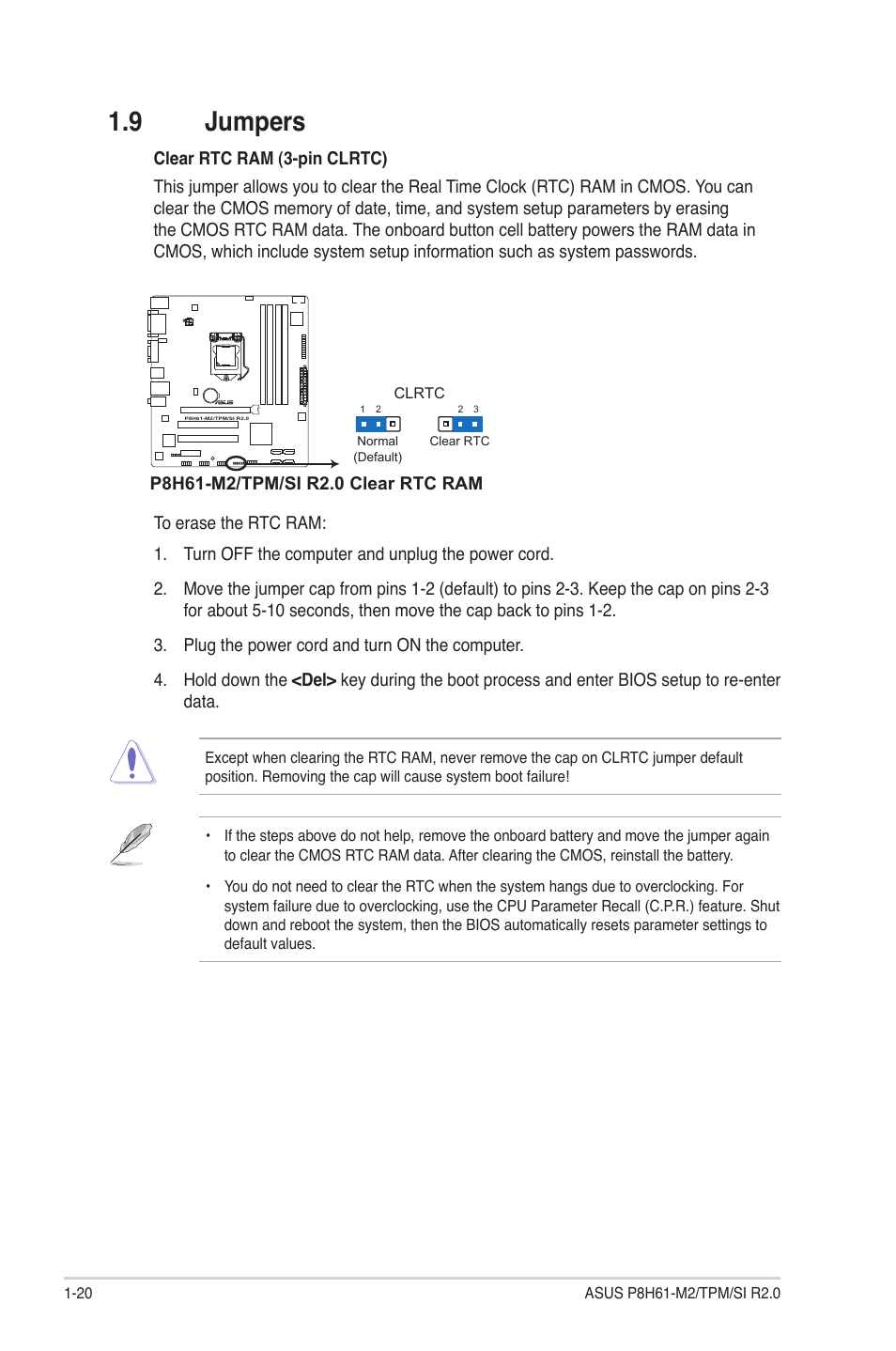 9 jumpers, Jumpers -20 | Asus P8H61-M2/TPM/SI R2.0 User Manual | Page 30 / 70