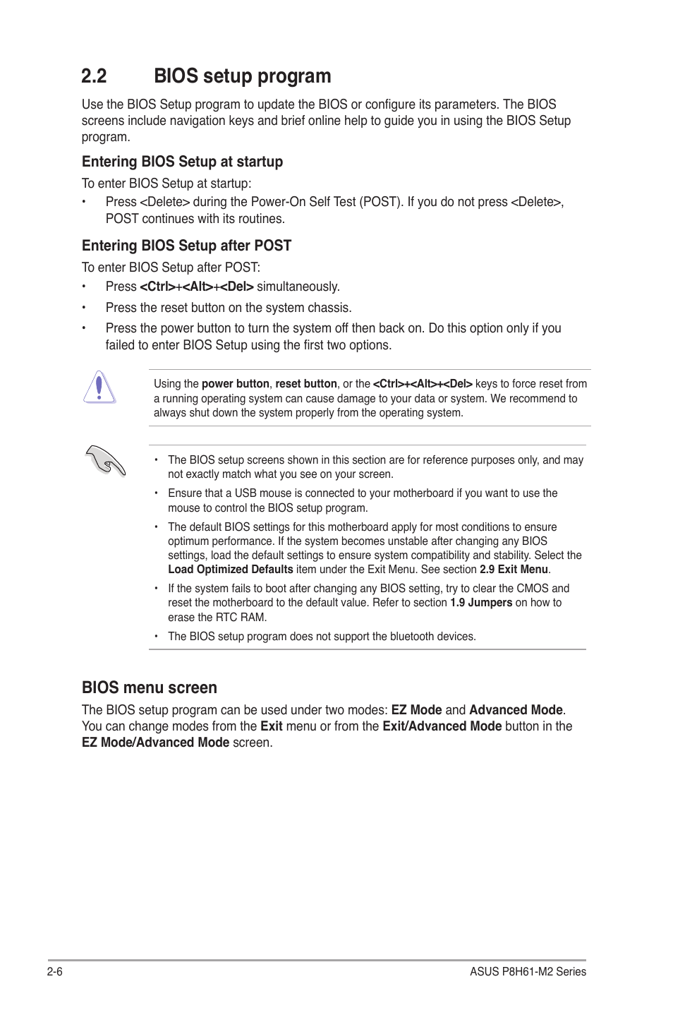 2 bios setup program, Bios setup program -6, Bios menu screen | Asus P8H61-M2/TPM/SI R2.0 User Manual | Page 44 / 70