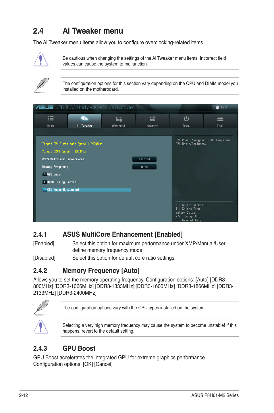 4 ai tweaker menu, 1 asus multicore enhancement [enabled, 2 memory frequency [auto | 3 gpu boost, Ai tweaker menu -12 2.4.1, Asus multicore enhancement [enabled] -12, Memory frequency [auto] -12, Gpu boost -12 | Asus P8H61-M2/TPM/SI R2.0 User Manual | Page 50 / 70