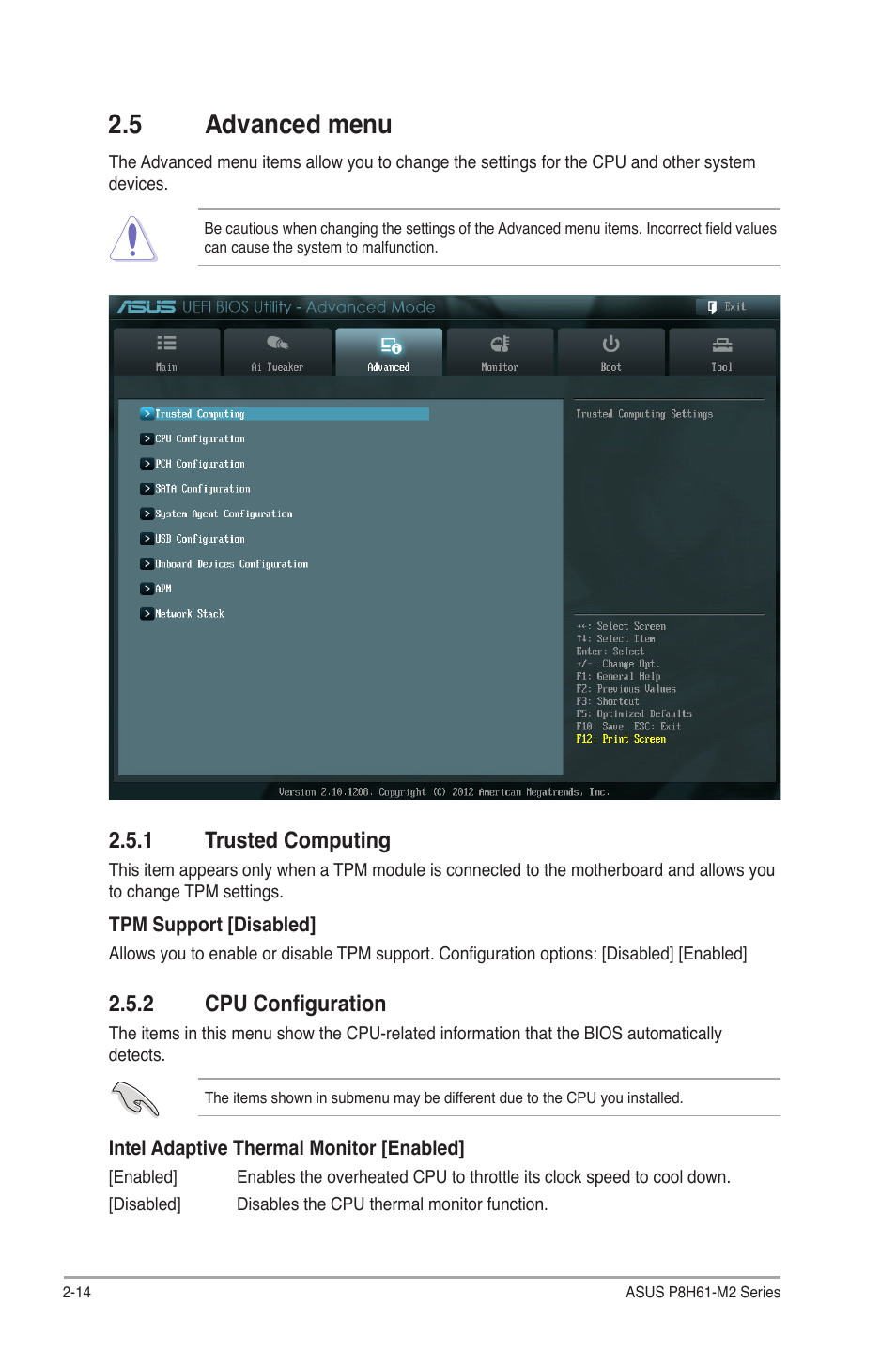 5 advanced menu, 1 trusted computing, 2 cpu configuration | Advanced menu -14 2.5.1, Trusted computing -14, Cpu configuration -14 | Asus P8H61-M2/TPM/SI R2.0 User Manual | Page 52 / 70