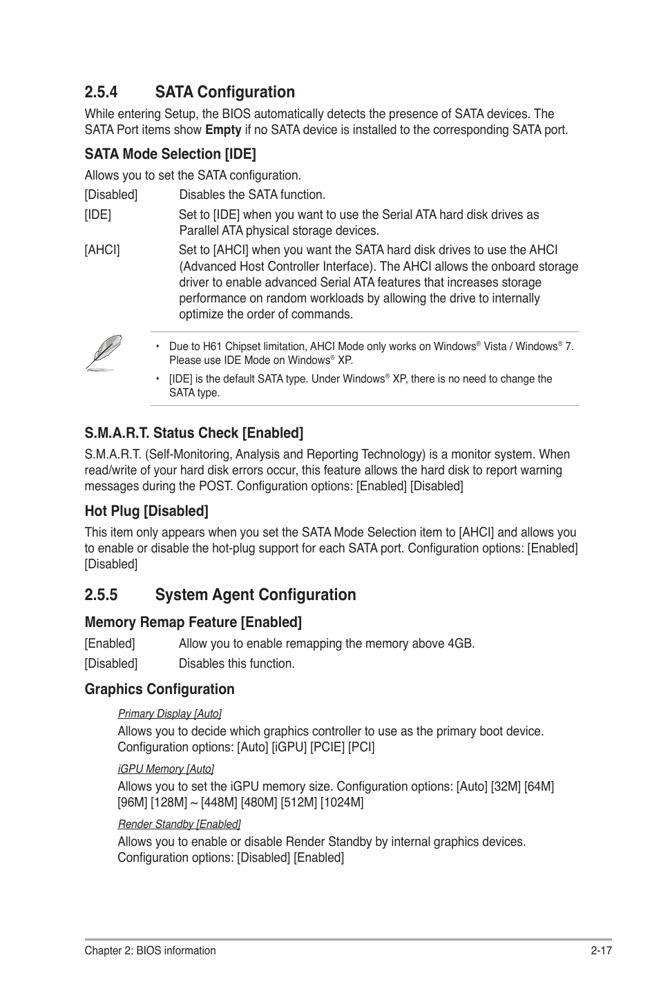 4 sata configuration, 5 system agent configuration, Sata configuration -17 | System agent configuration -17 | Asus P8H61-M2/TPM/SI R2.0 User Manual | Page 55 / 70