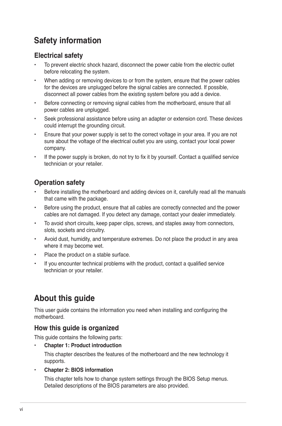 Safety information, About this guide, Electrical safety | Operation safety, How this guide is organized | Asus P8H61-M2/TPM/SI R2.0 User Manual | Page 6 / 70