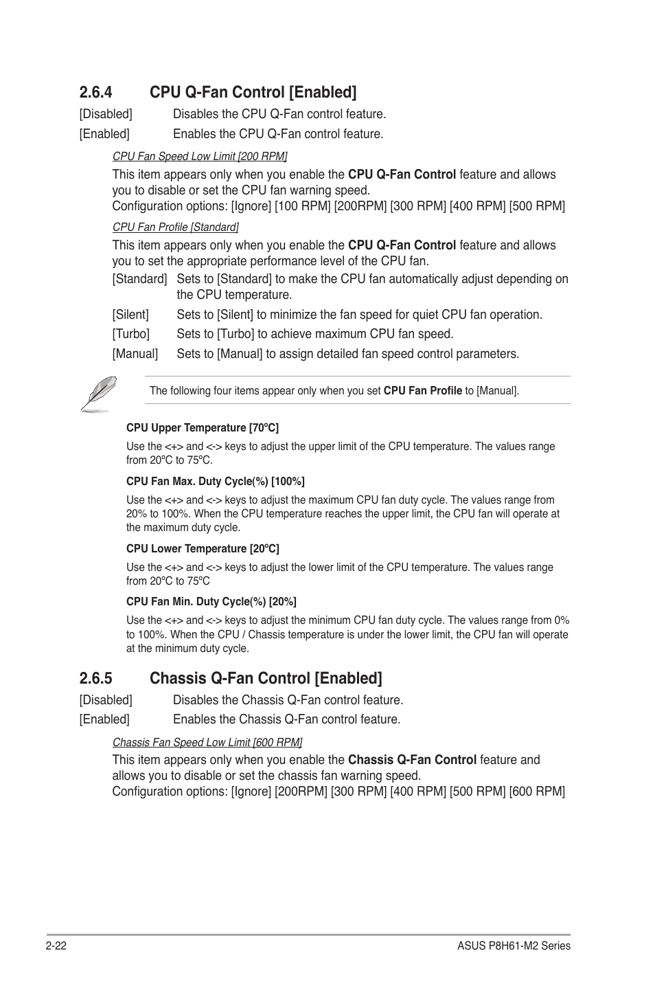 4 cpu q-fan control [enabled, 5 chassis q-fan control [enabled, Cpu q-fan control [enabled] -22 | Chassis q-fan control [enabled] -22 | Asus P8H61-M2/TPM/SI R2.0 User Manual | Page 60 / 70