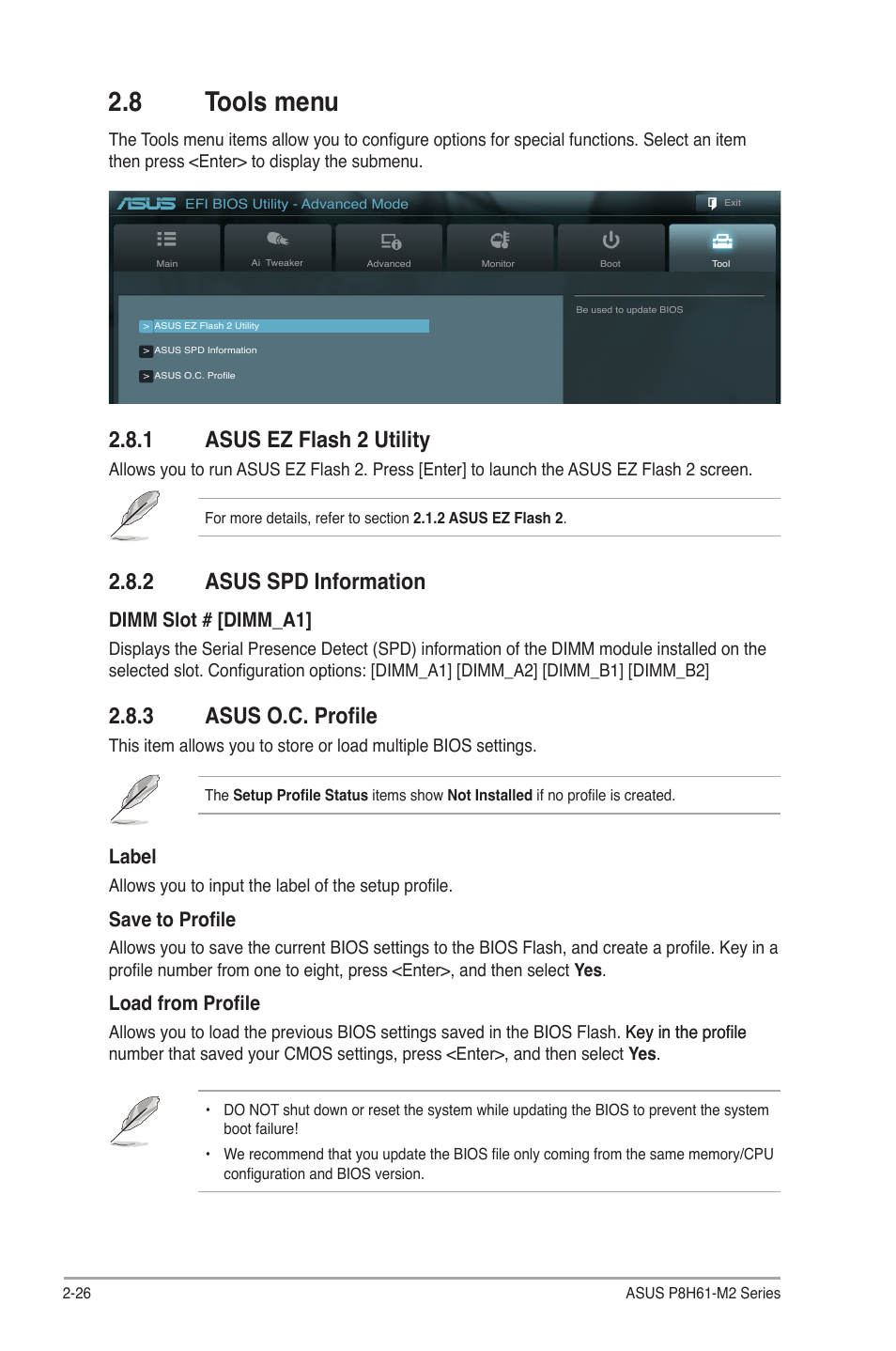 8 tools menu, 1 asus ez flash 2 utility, 2 asus spd information | 3 asus o.c. profile, Tools menu -26 2.8.1, Asus ez flash 2 utility -26, Asus spd information -26, Asus o.c. profile -26, Label, Save to profile | Asus P8H61-M2/TPM/SI R2.0 User Manual | Page 64 / 70
