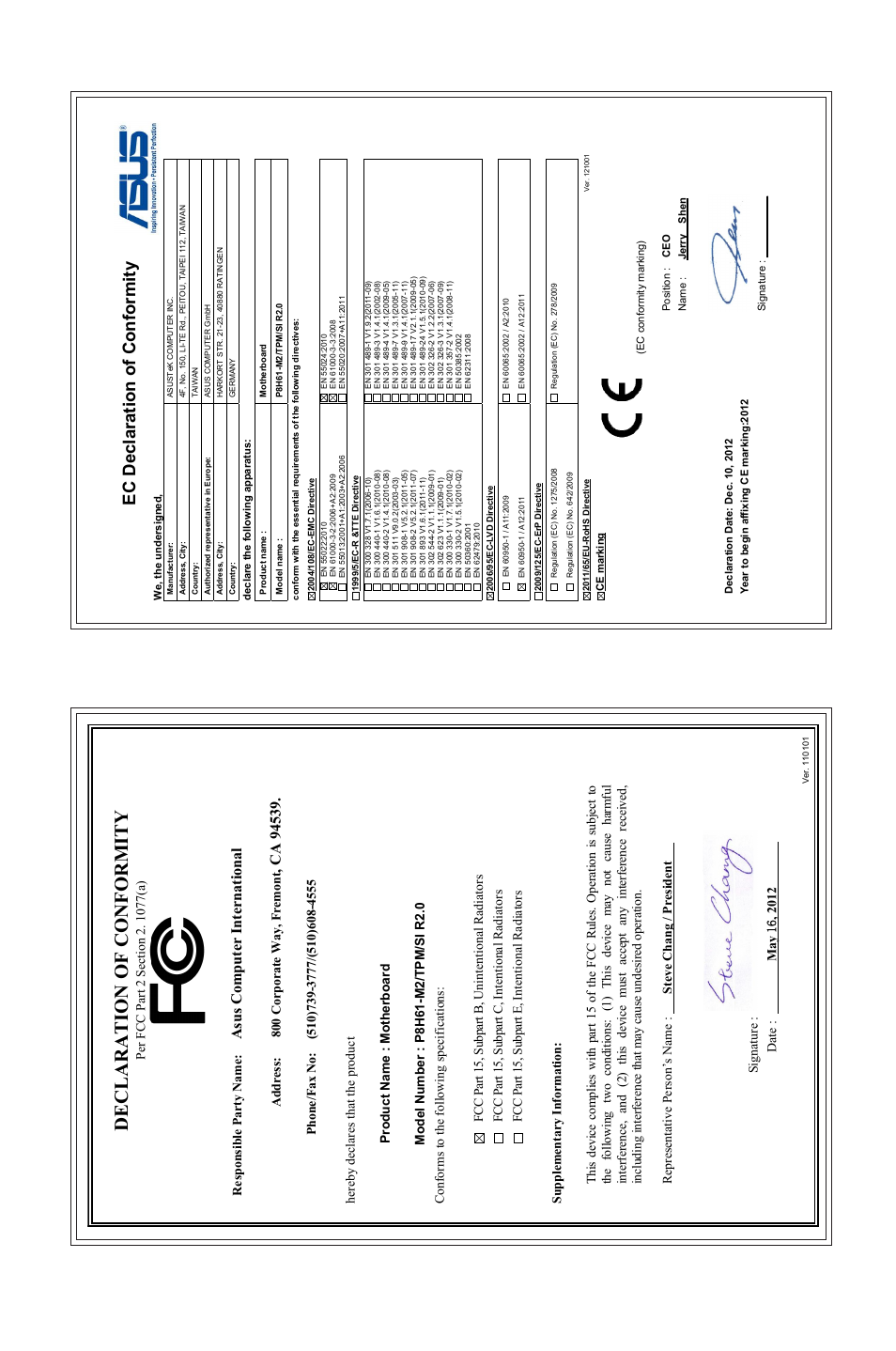 Declaration of conformity, Ec declaration of conformity, Asu s c om pu te r in te rn at io na l | Asus P8H61-M2/TPM/SI R2.0 User Manual | Page 70 / 70