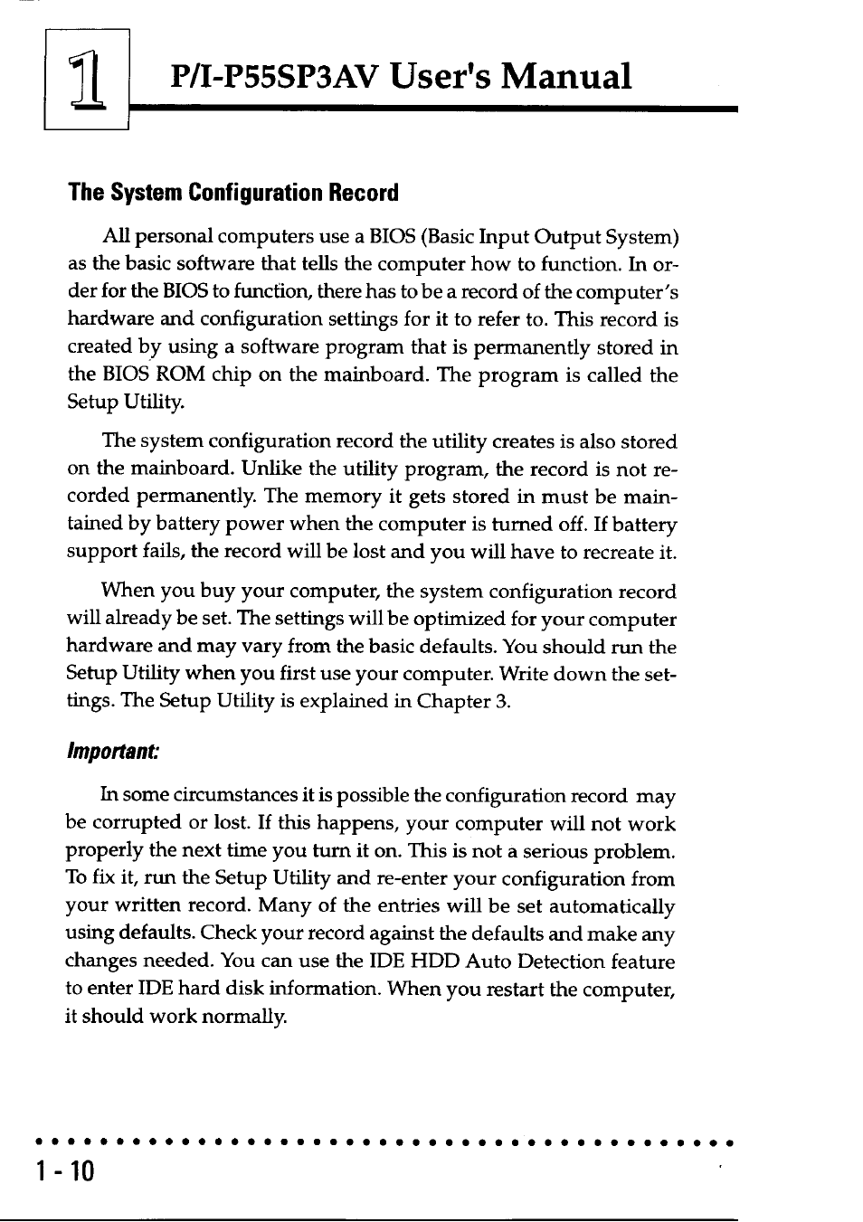 The system configuration record, Important, The system configuration record -10 | User's manual, P/i-p55sp3av | Asus P/I-P55SP3AV User Manual | Page 13 / 82