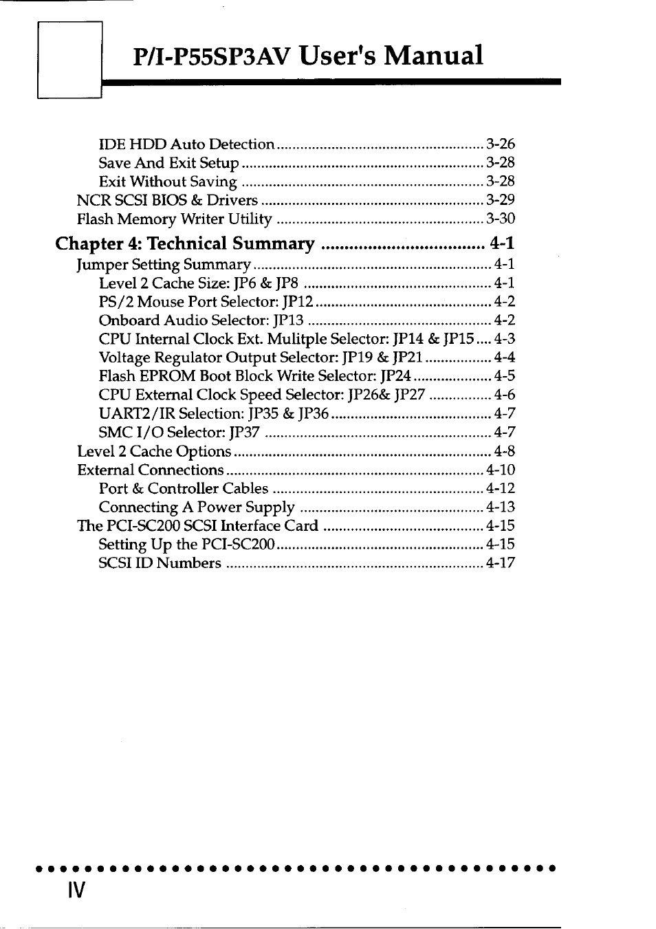 User’s manual, P/i-p55sp3av, Chapter 4: technical summary -1 | Asus P/I-P55SP3AV User Manual | Page 3 / 82