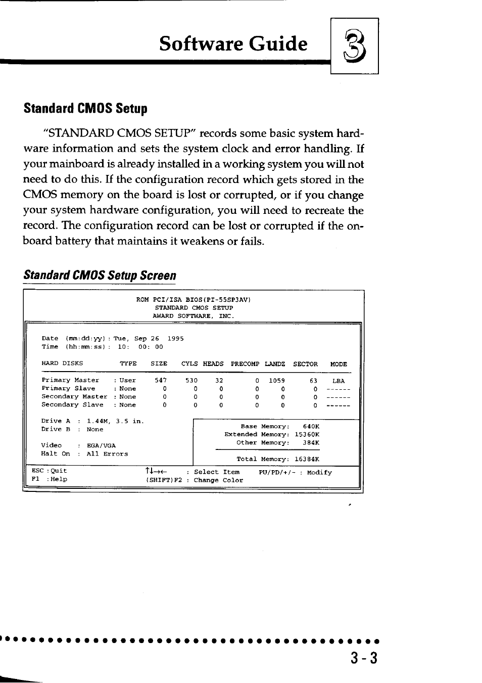 Standard cmos setup, Standard cmos setup screen, Software guide | Asus P/I-P55SP3AV User Manual | Page 30 / 82