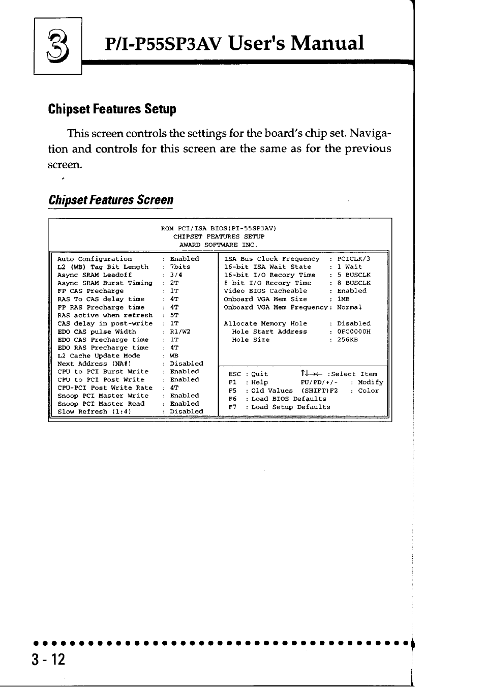 Chipset features setup, Chipset features screen, User's manual | P/i-p55sp3av | Asus P/I-P55SP3AV User Manual | Page 39 / 82