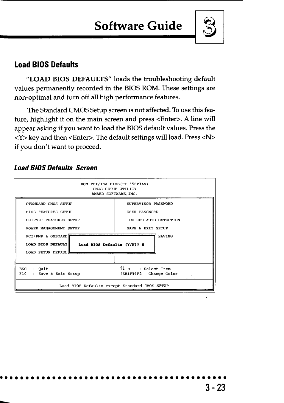 Load bios defaults, Load bios defaults screen, Software guide | Asus P/I-P55SP3AV User Manual | Page 50 / 82