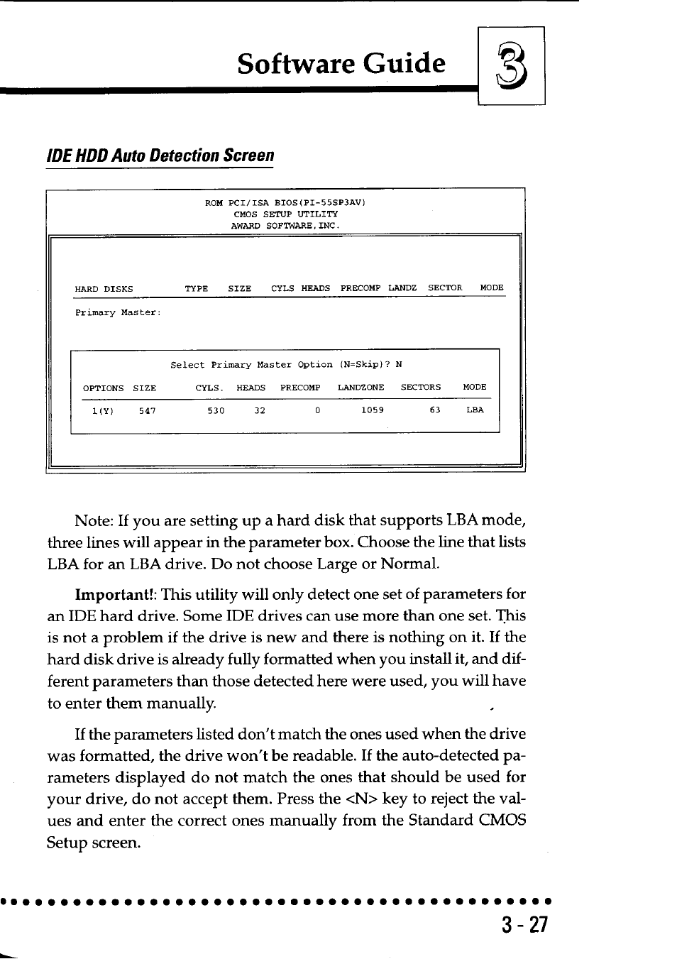Ide hdd auto detection screen, Software guide | Asus P/I-P55SP3AV User Manual | Page 54 / 82