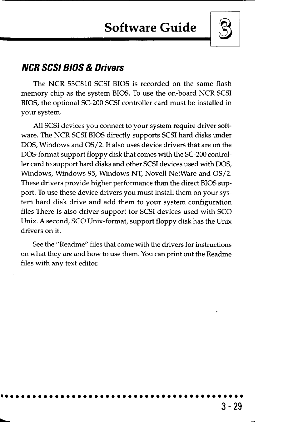 Ncr scsi bios & drivers, Ncr scsi bios & drivers -29, Software guide | Asus P/I-P55SP3AV User Manual | Page 56 / 82