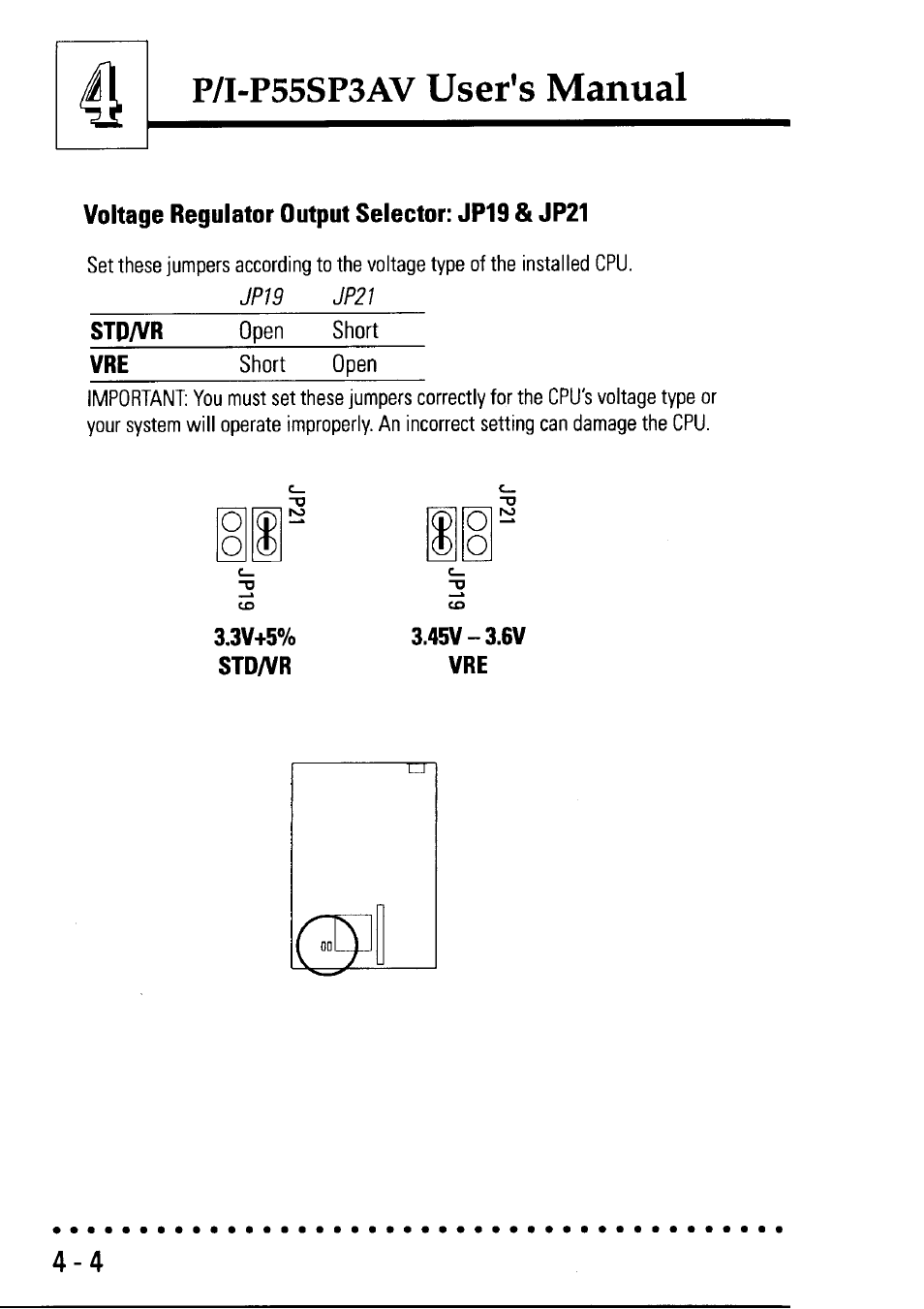 Voltage regulator output selector: jp19 & jp21, 45v-3.6v vre, Voltage regulator output selector: jp19 & jp21 -4 | User's manual, P/i-p55sp3av | Asus P/I-P55SP3AV User Manual | Page 65 / 82