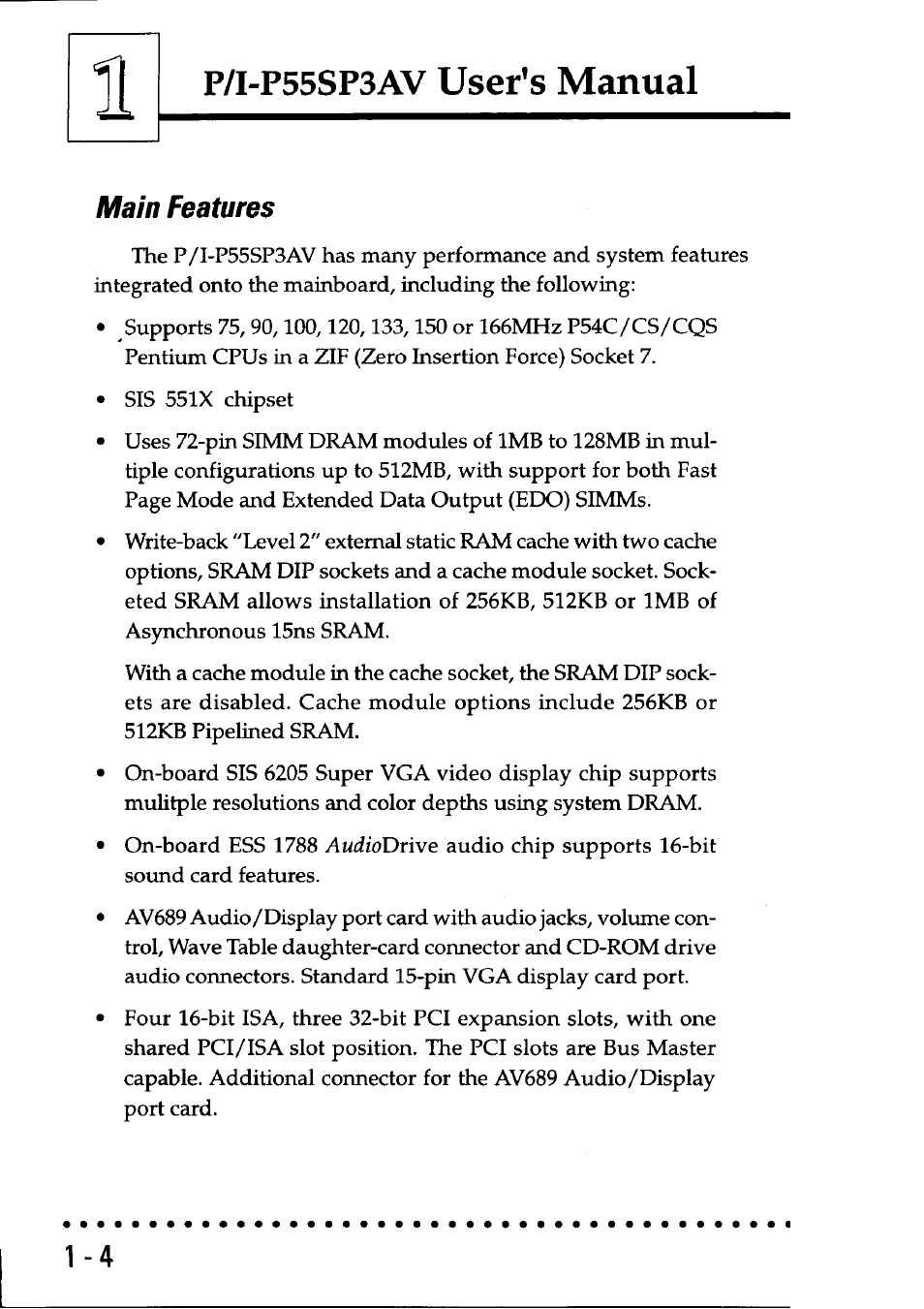 Main features, Main features -4, User's manual | P/i-p55sp3av | Asus P/I-P55SP3AV User Manual | Page 7 / 82