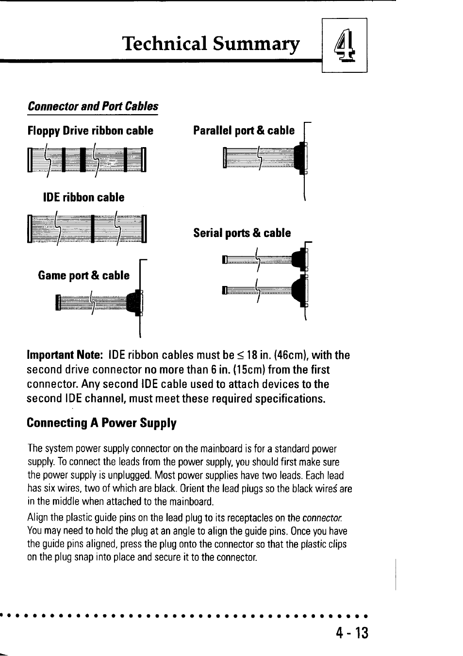 Game port & cable, Connecting a power supply, Technical summary | Asus P/I-P55SP3AV User Manual | Page 74 / 82