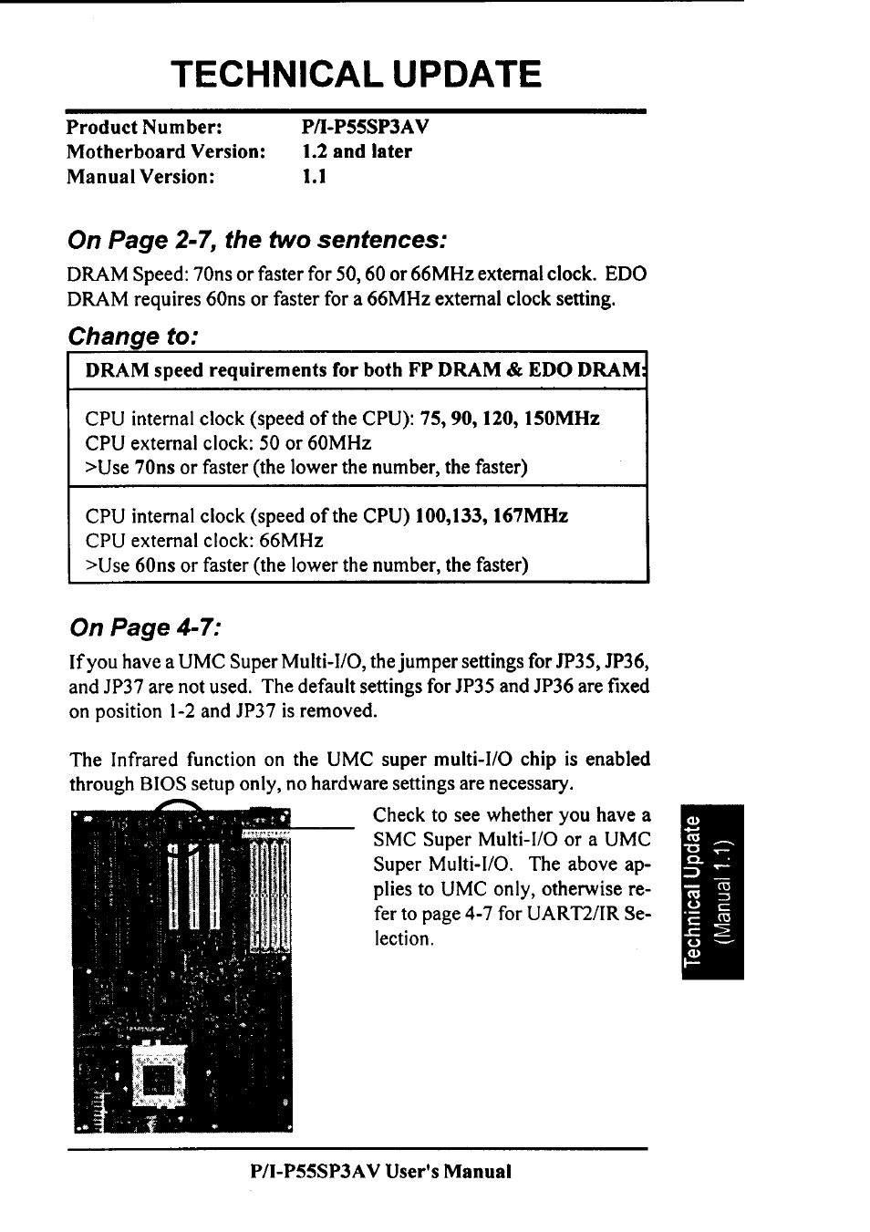 Technical update, On page 2~7, the two sentences, Change to | On page 4~7 | Asus P/I-P55SP3AV User Manual | Page 81 / 82