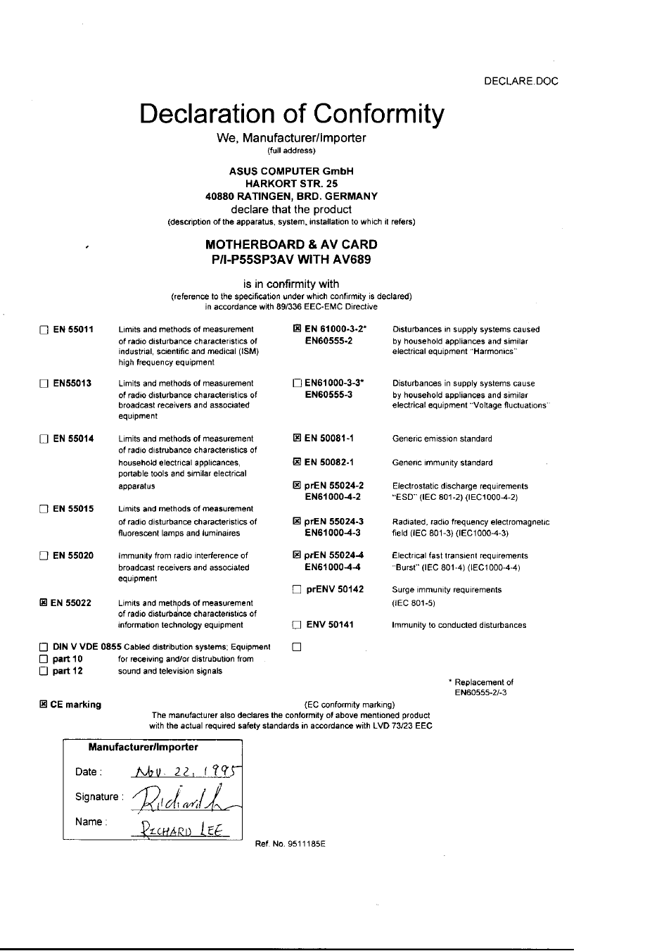 Declaration of conformity | Asus P/I-P55SP3AV User Manual | Page 82 / 82