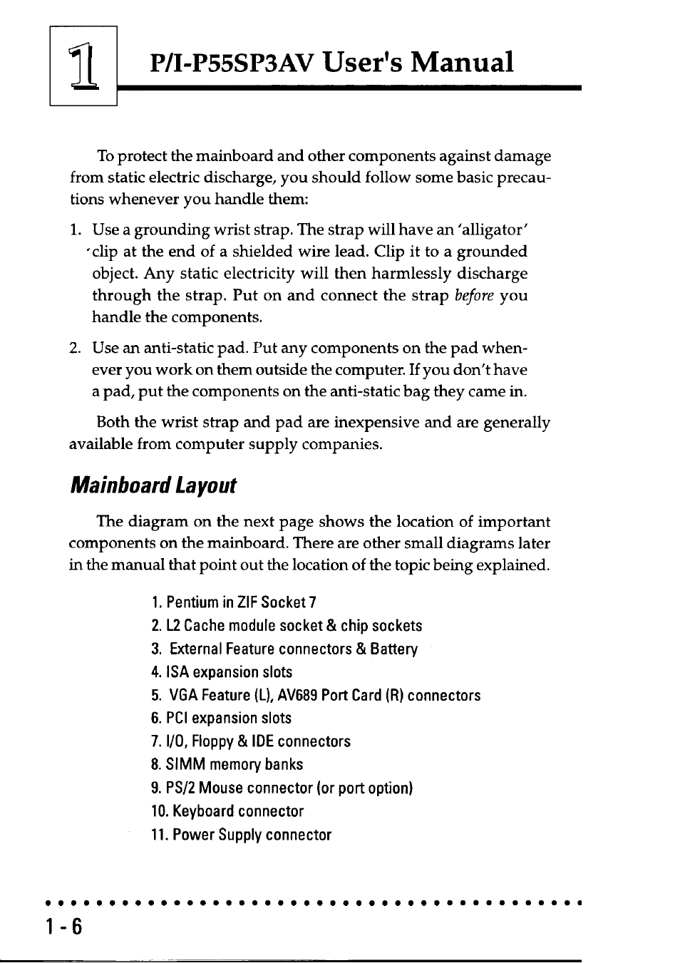 Mainboard layout, Mainboard layout -6, P/i-p55sp3av user’s manual | Asus P/I-P55SP3AV User Manual | Page 9 / 82