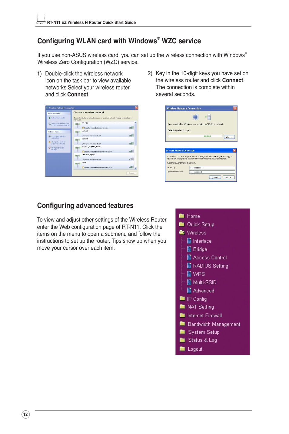 Configuring advanced features, Configuring wlan card with windows, Wzc service | Asus RT-N11 User Manual | Page 13 / 99