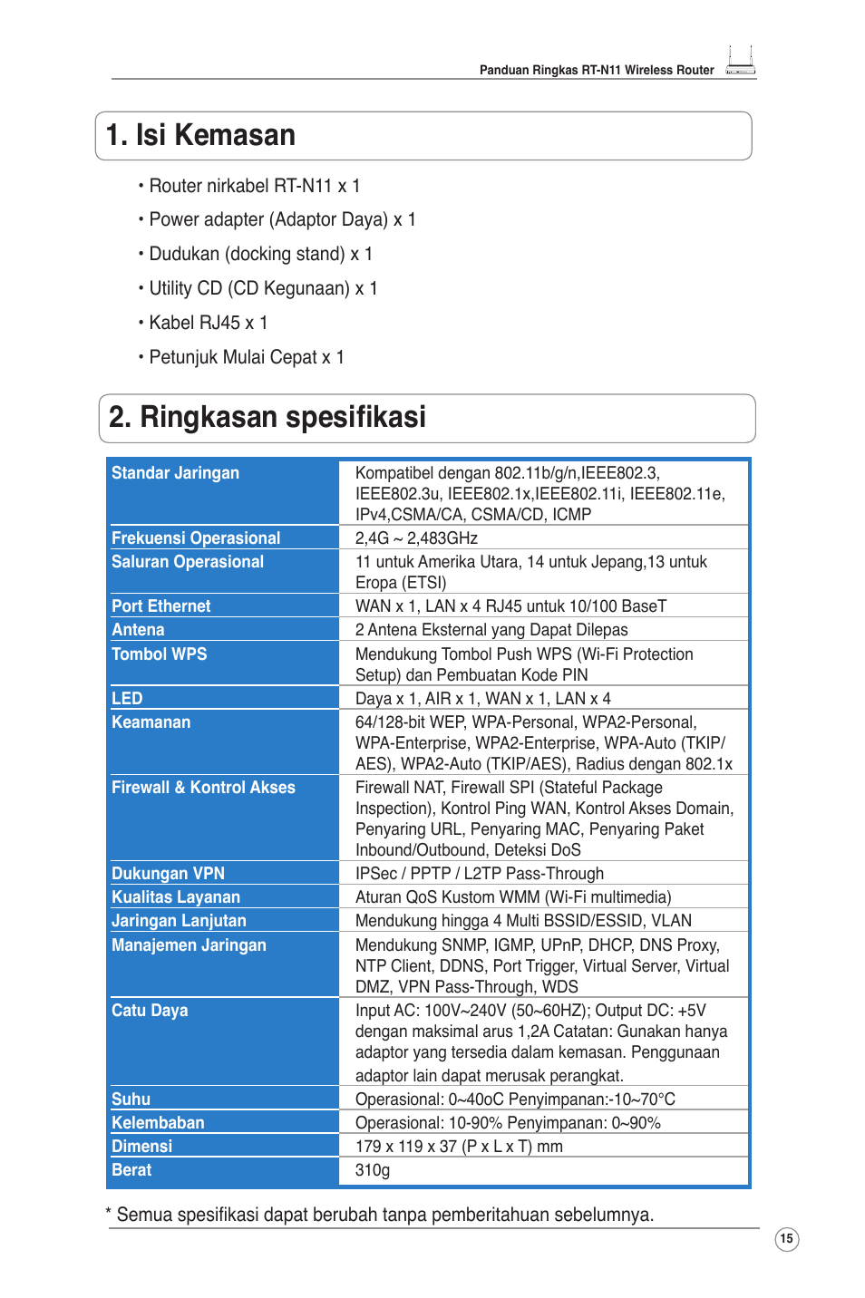 Isi kemasan, Ringkasan spesifikasi | Asus RT-N11 User Manual | Page 16 / 99