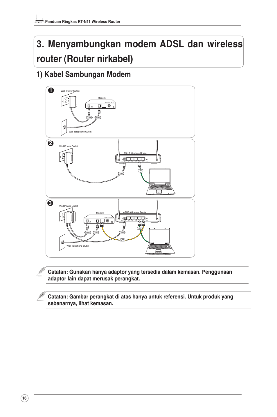 1) kabel sambungan modem | Asus RT-N11 User Manual | Page 17 / 99