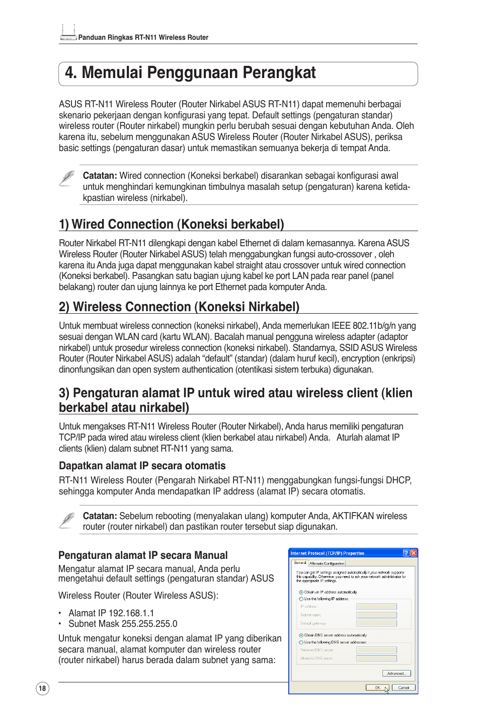 Memulai penggunaan perangkat, 1) wired connection (koneksi berkabel), 2) wireless connection (koneksi nirkabel) | Asus RT-N11 User Manual | Page 19 / 99