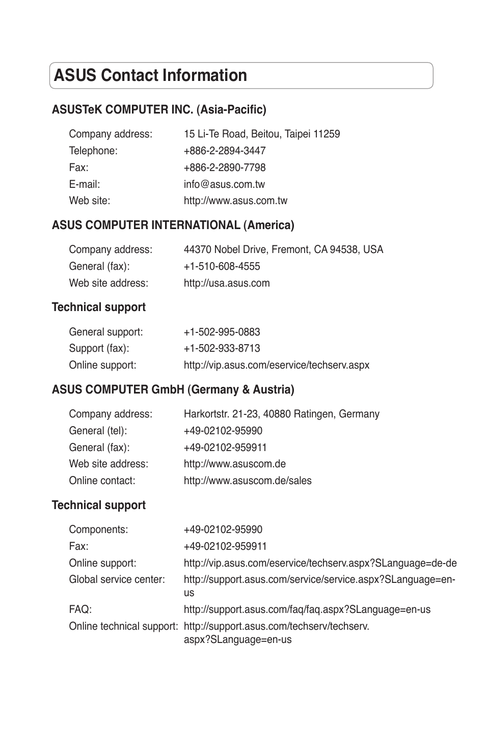 Asus contact information | Asus RT-N11 User Manual | Page 3 / 99