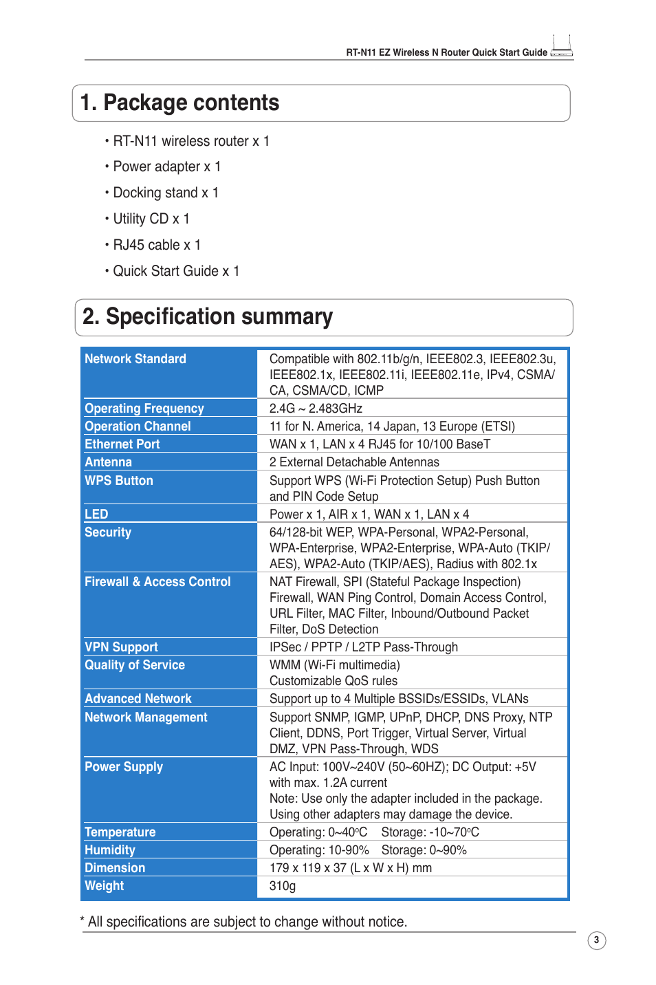 Package contents, Specification summary | Asus RT-N11 User Manual | Page 4 / 99