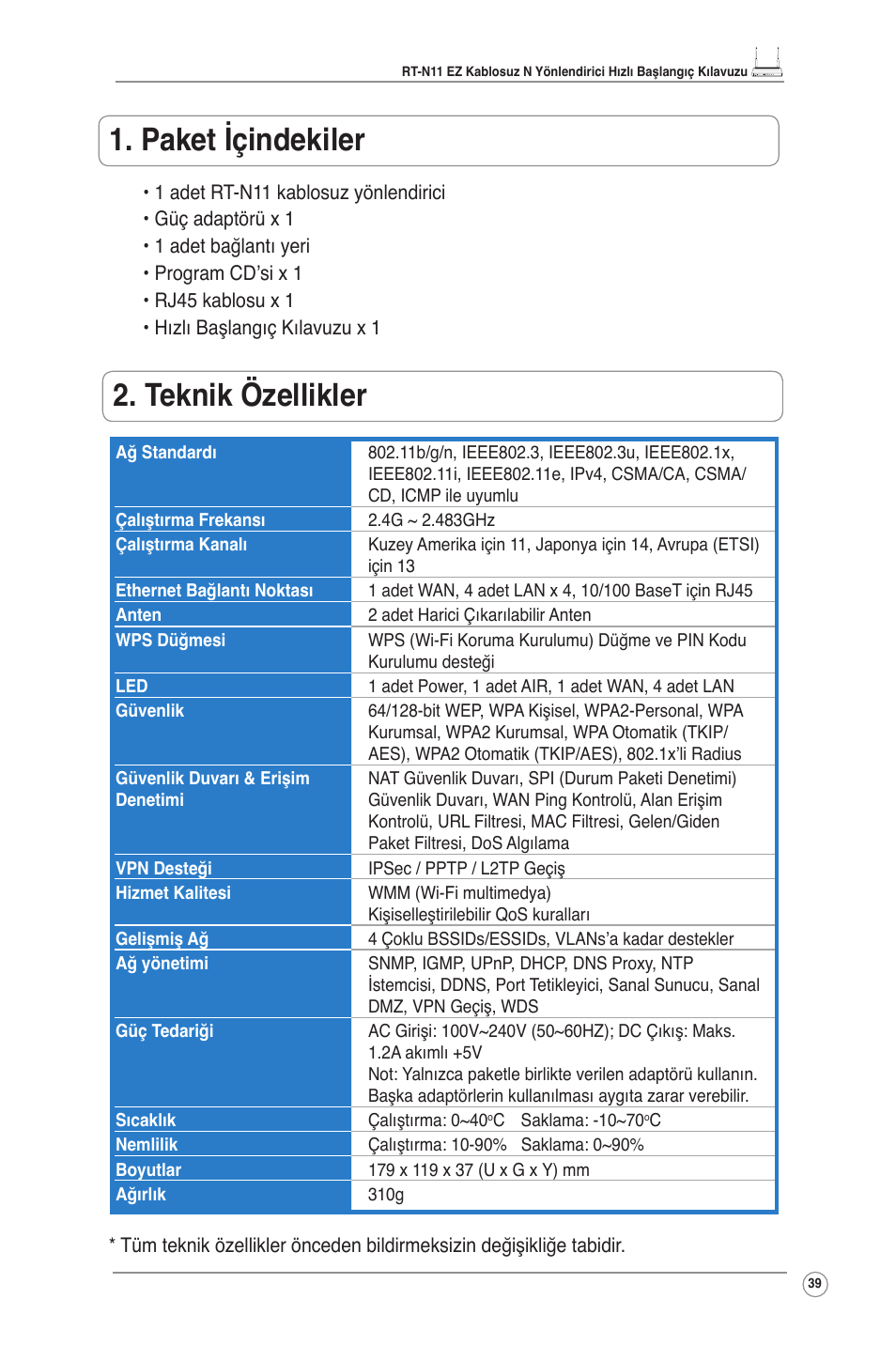 Paket içindekiler, Teknik özellikler | Asus RT-N11 User Manual | Page 40 / 99